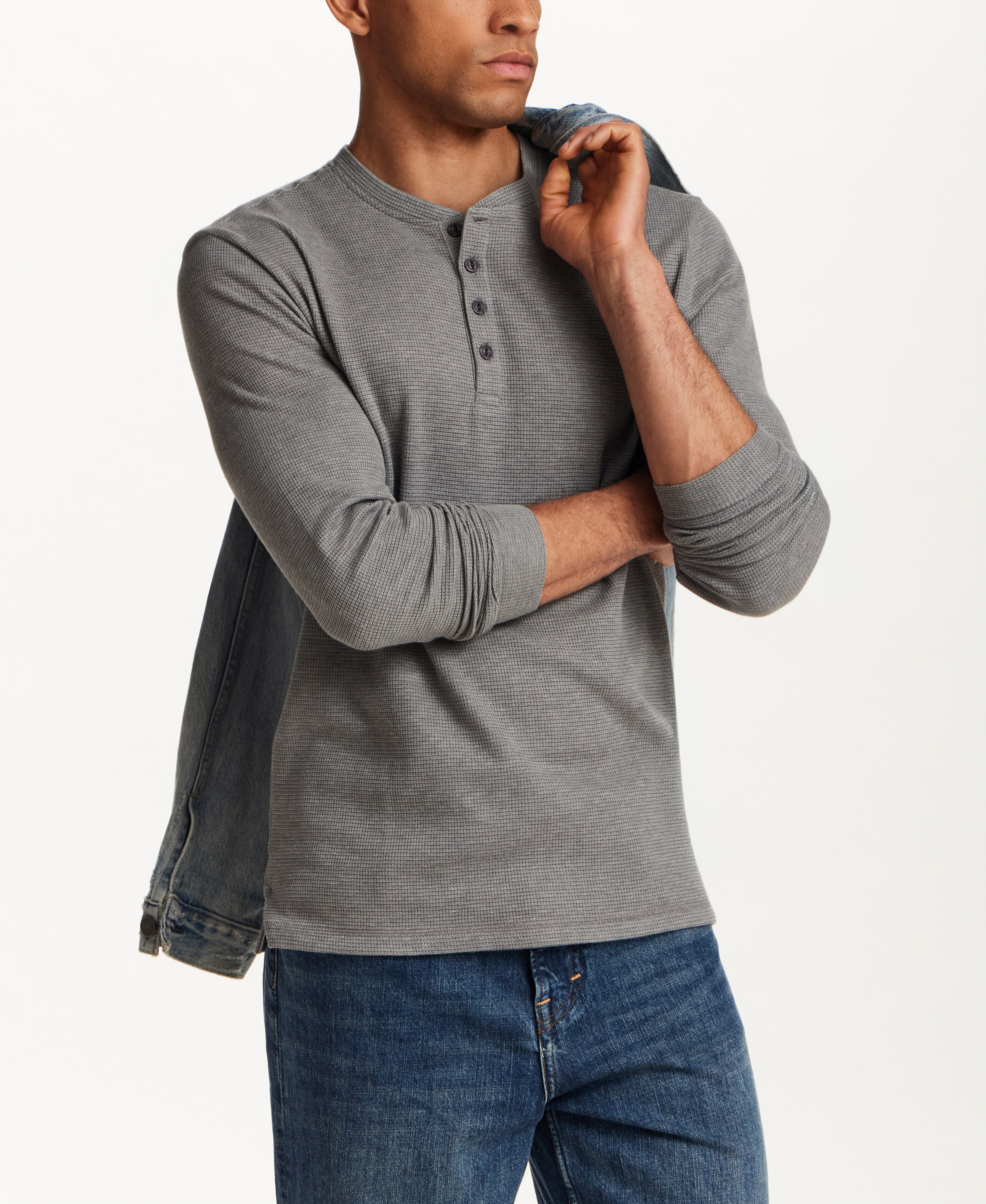 Microstripe Waffle Henley in Gunmetal