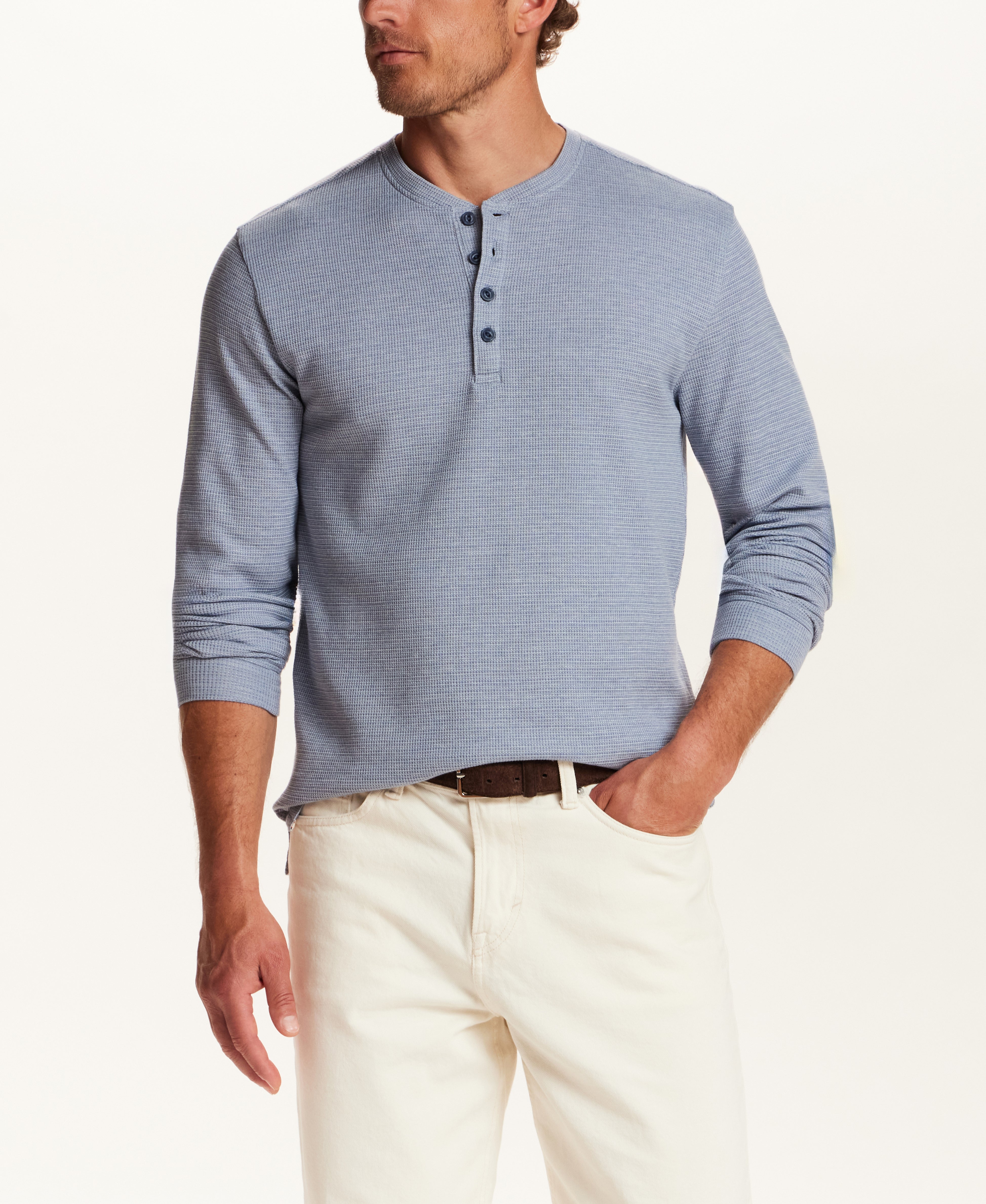 Microstripe Waffle Henley in Ice Blue