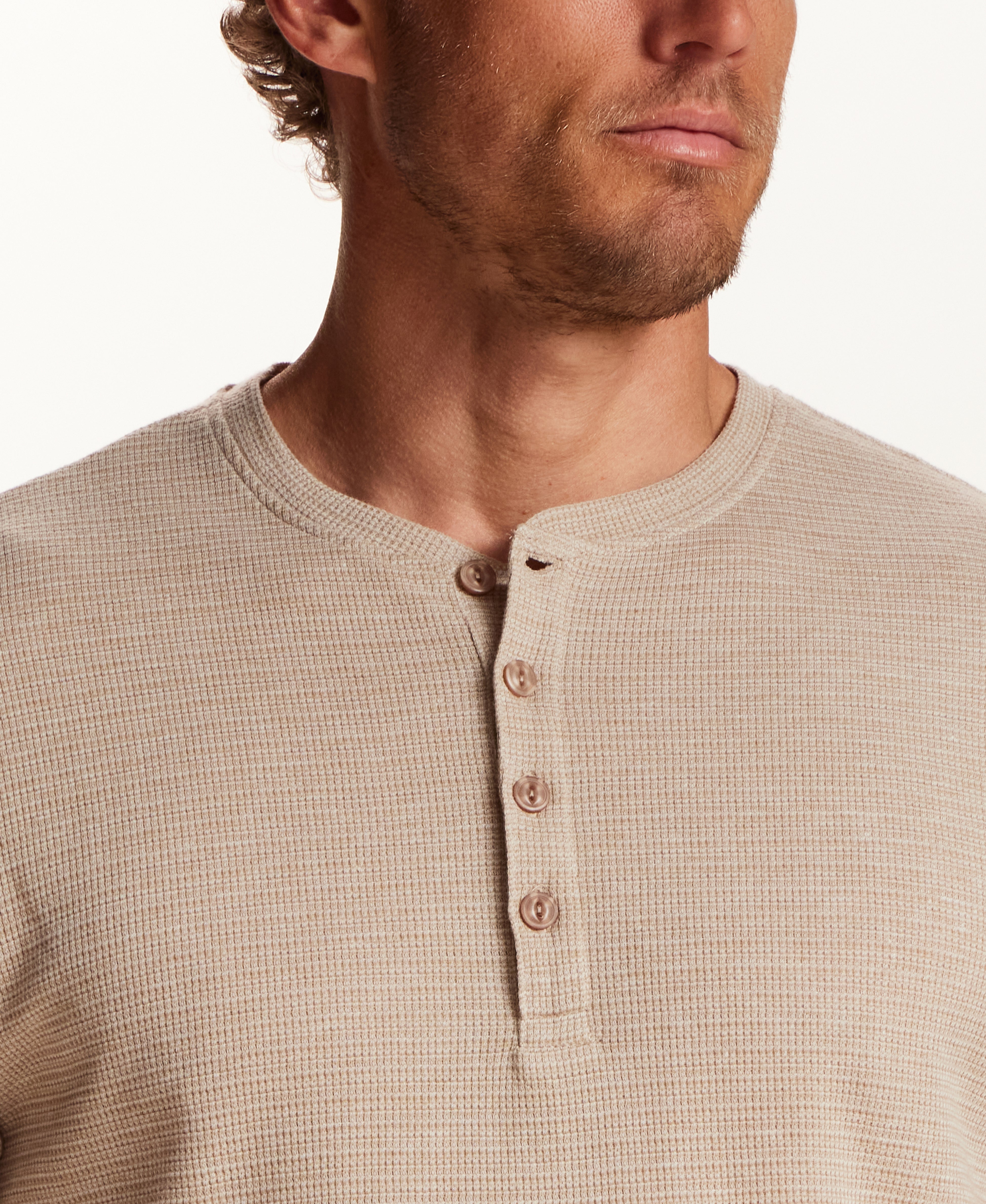 Microstripe Waffle Henley in Light Tan