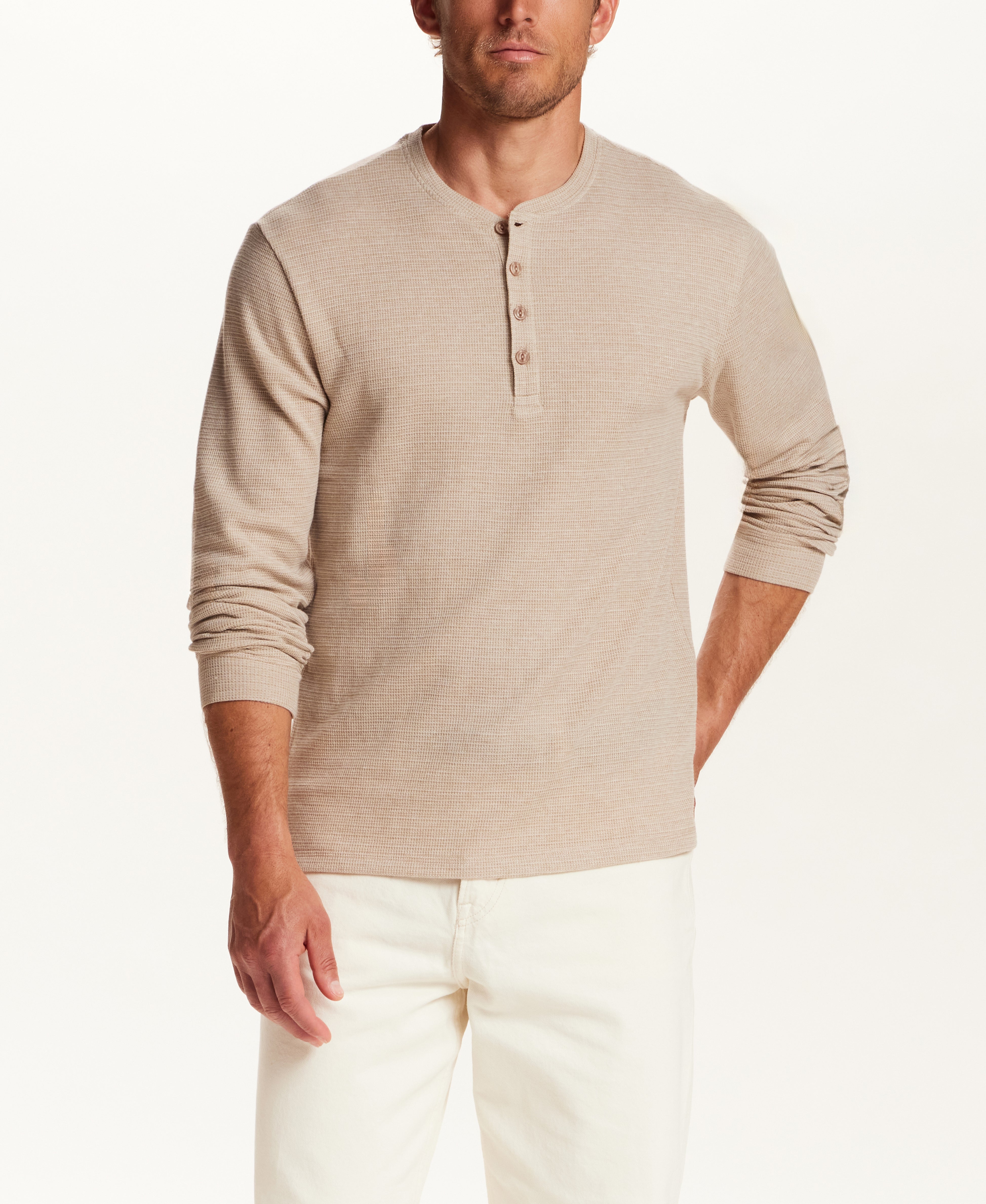 Microstripe Waffle Henley in Light Tan