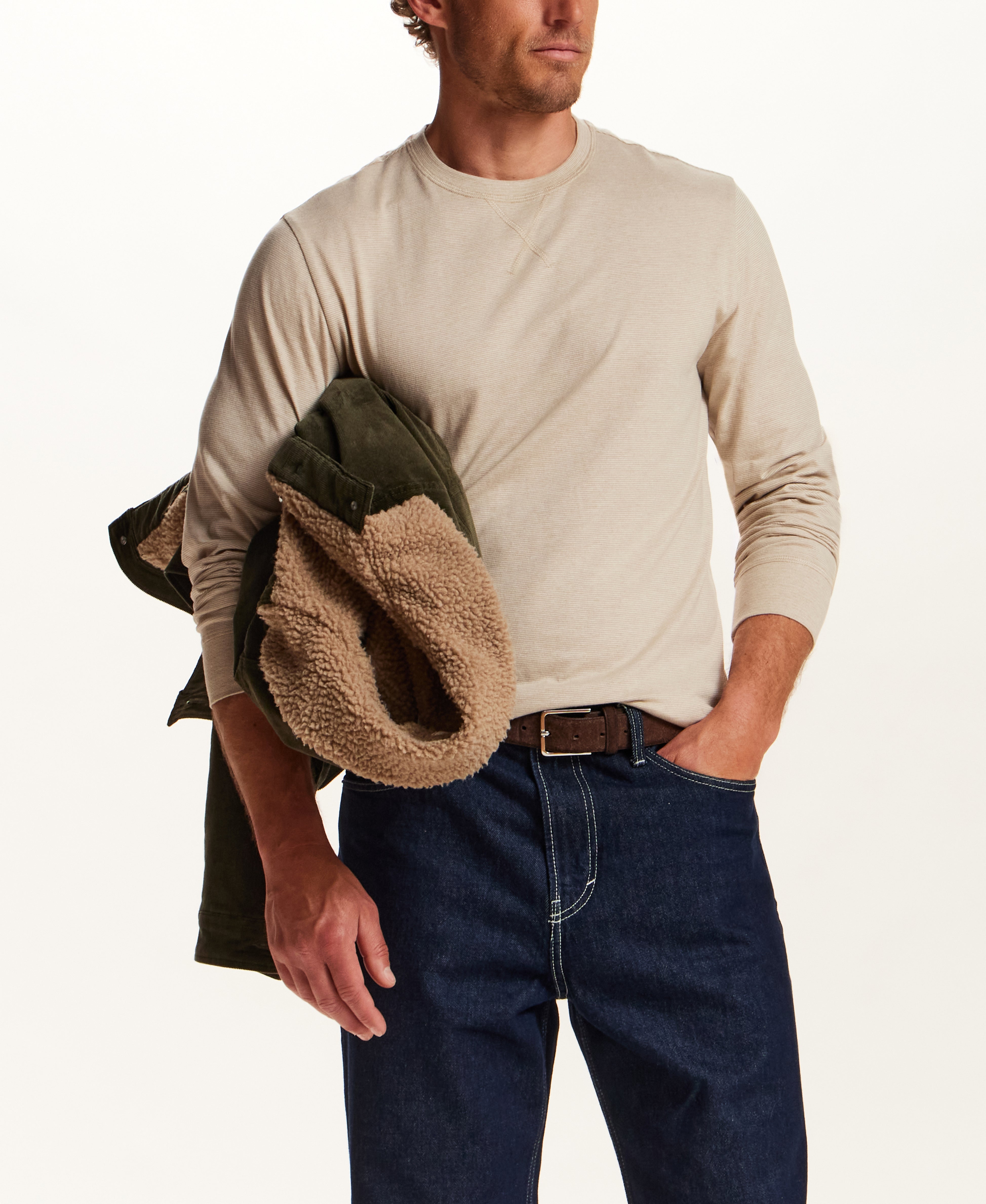 Signature Microstripe Crew in Light Tan