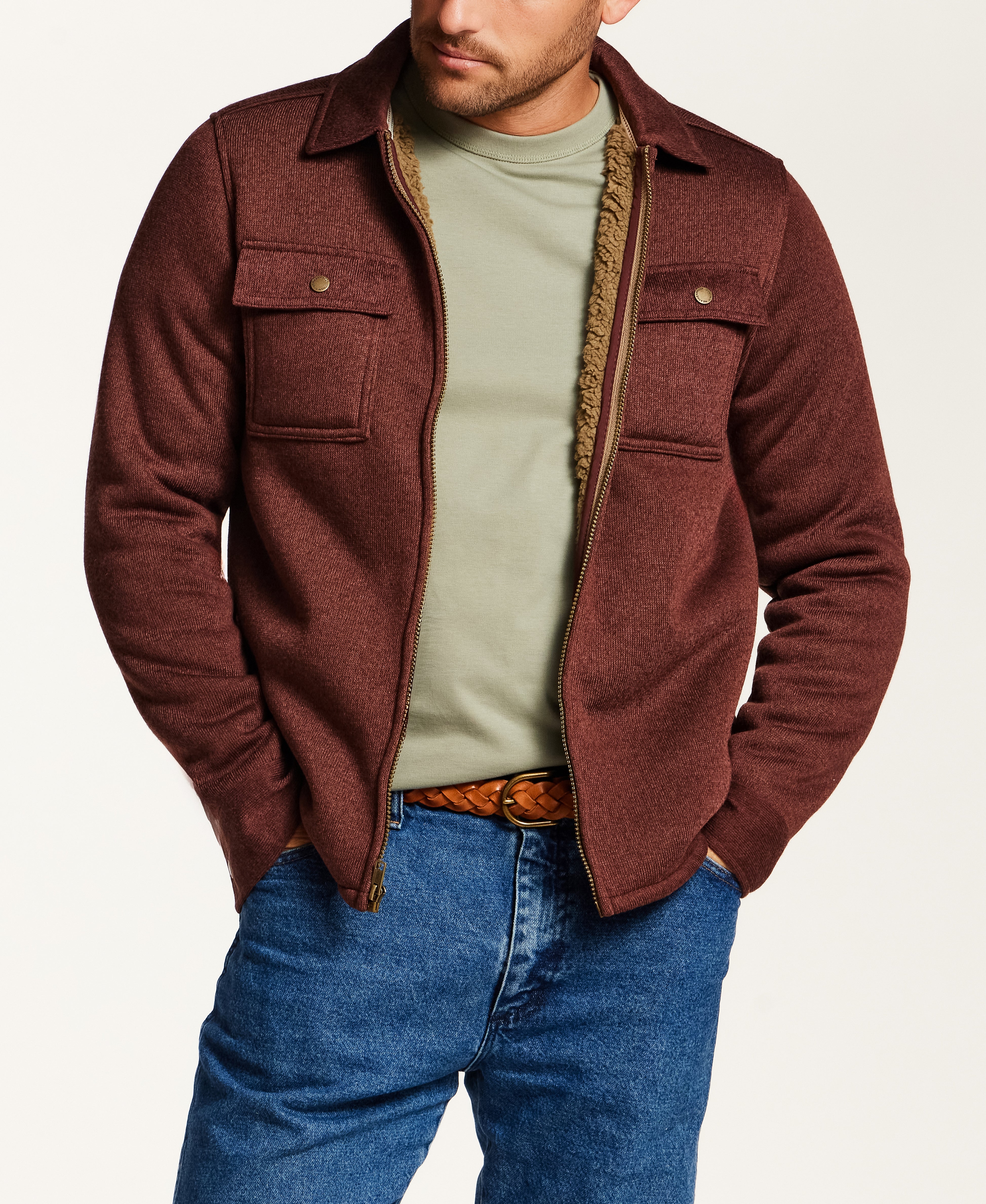 Sherpa-Lined Sweater Fleece Shirt Jacket in Brick