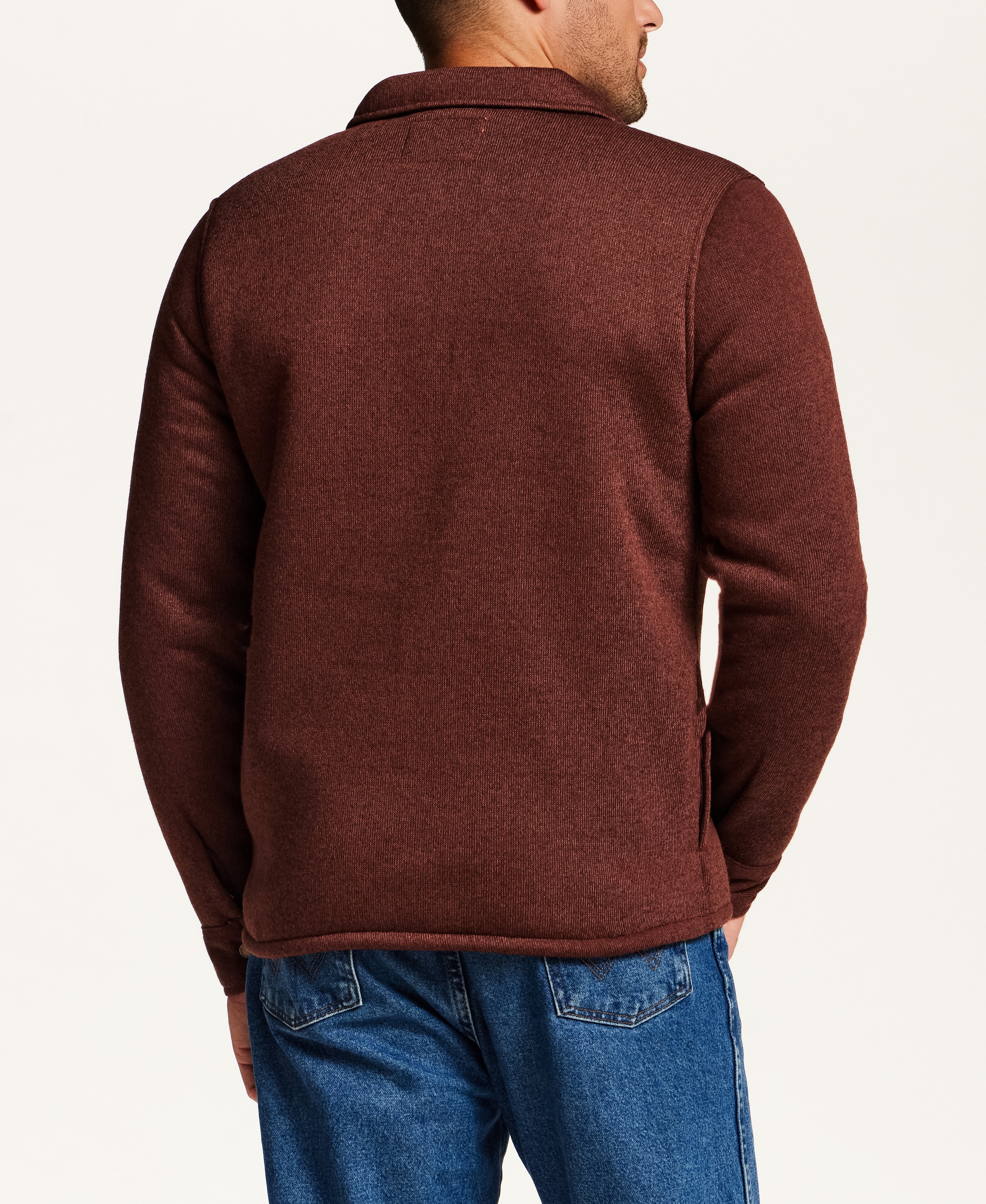 Sherpa-Lined Sweater Fleece Shirt Jacket in Brick