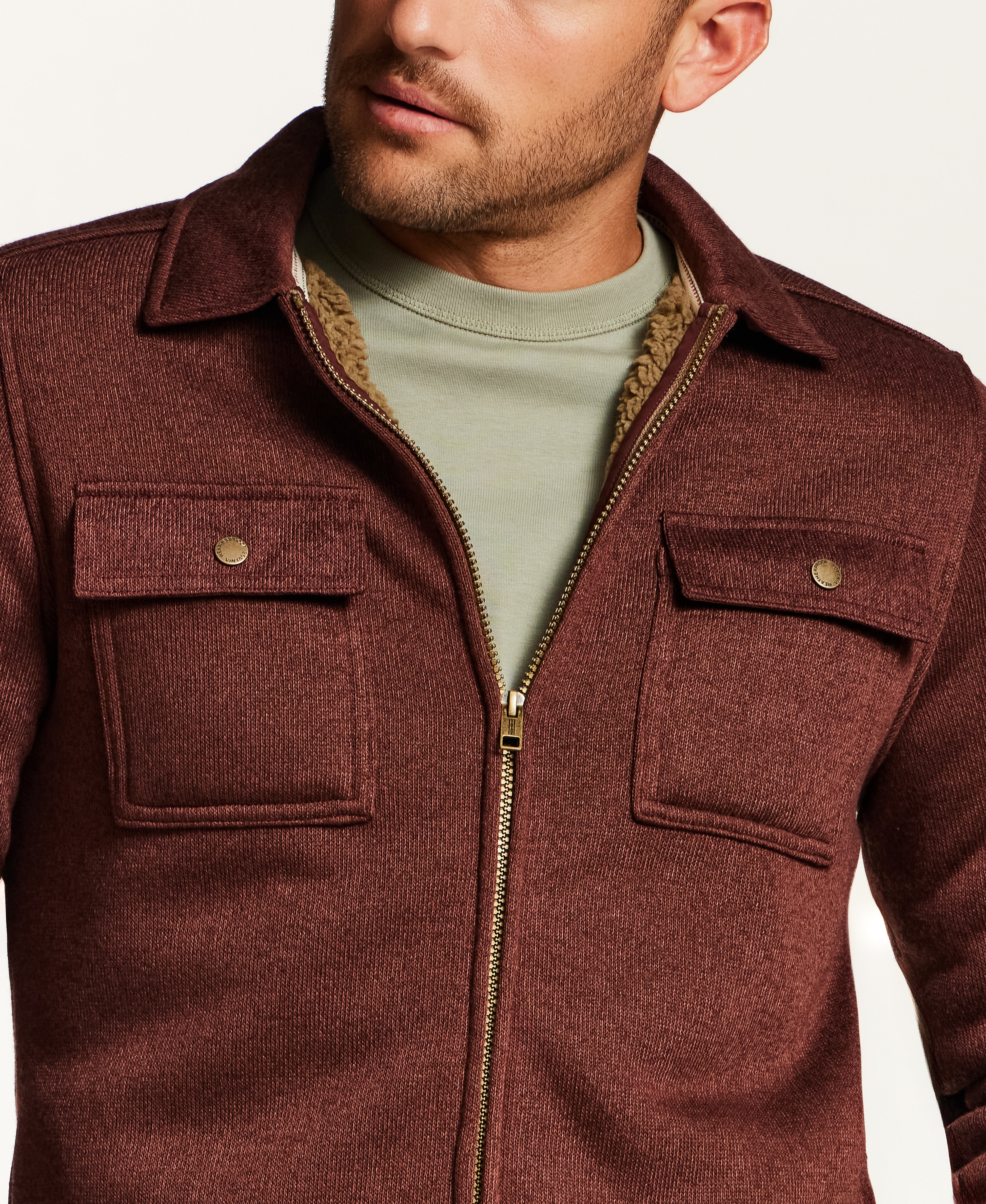 Sherpa-Lined Sweater Fleece Shirt Jacket in Brick