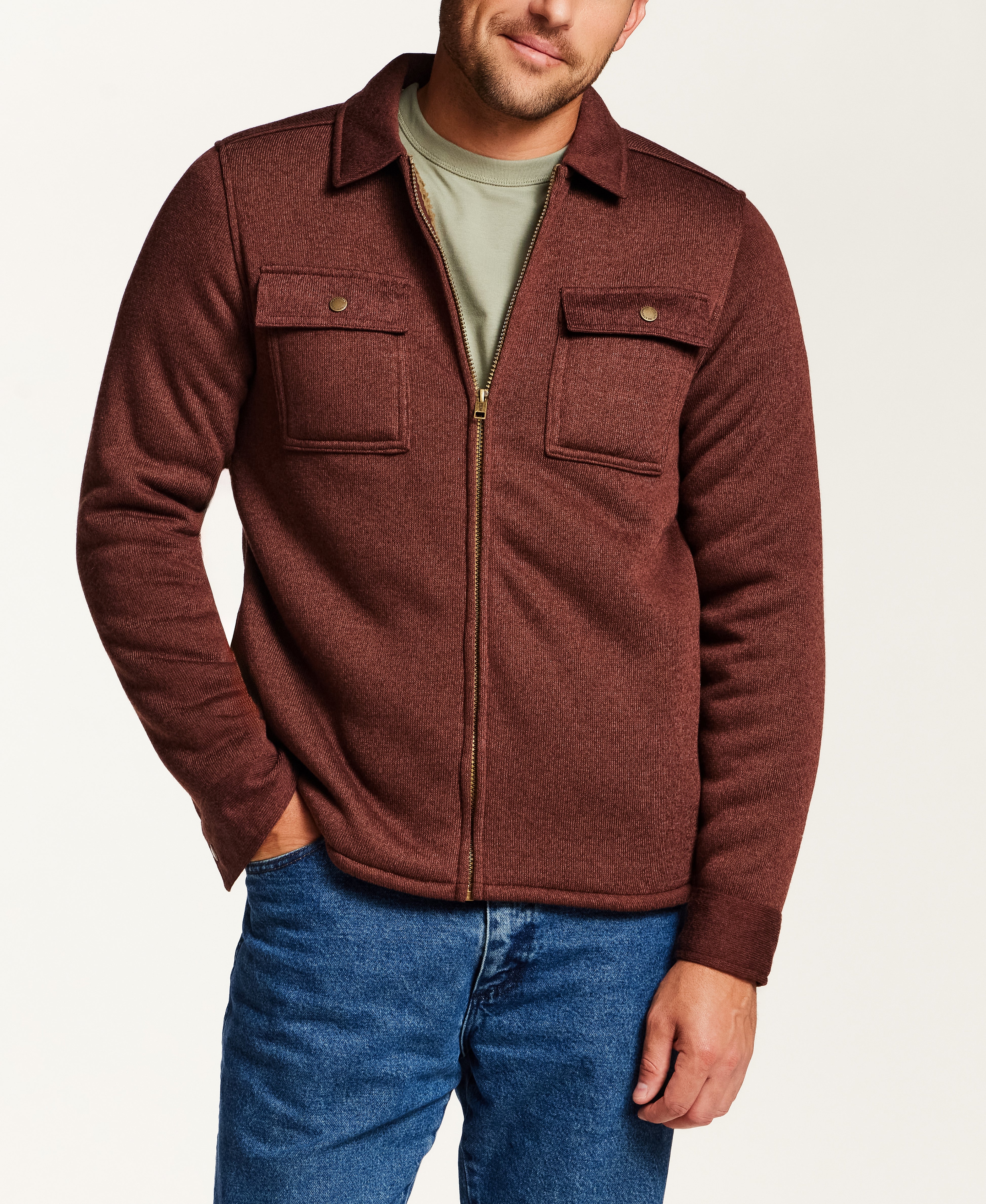 Sherpa-Lined Sweater Fleece Shirt Jacket in Brick