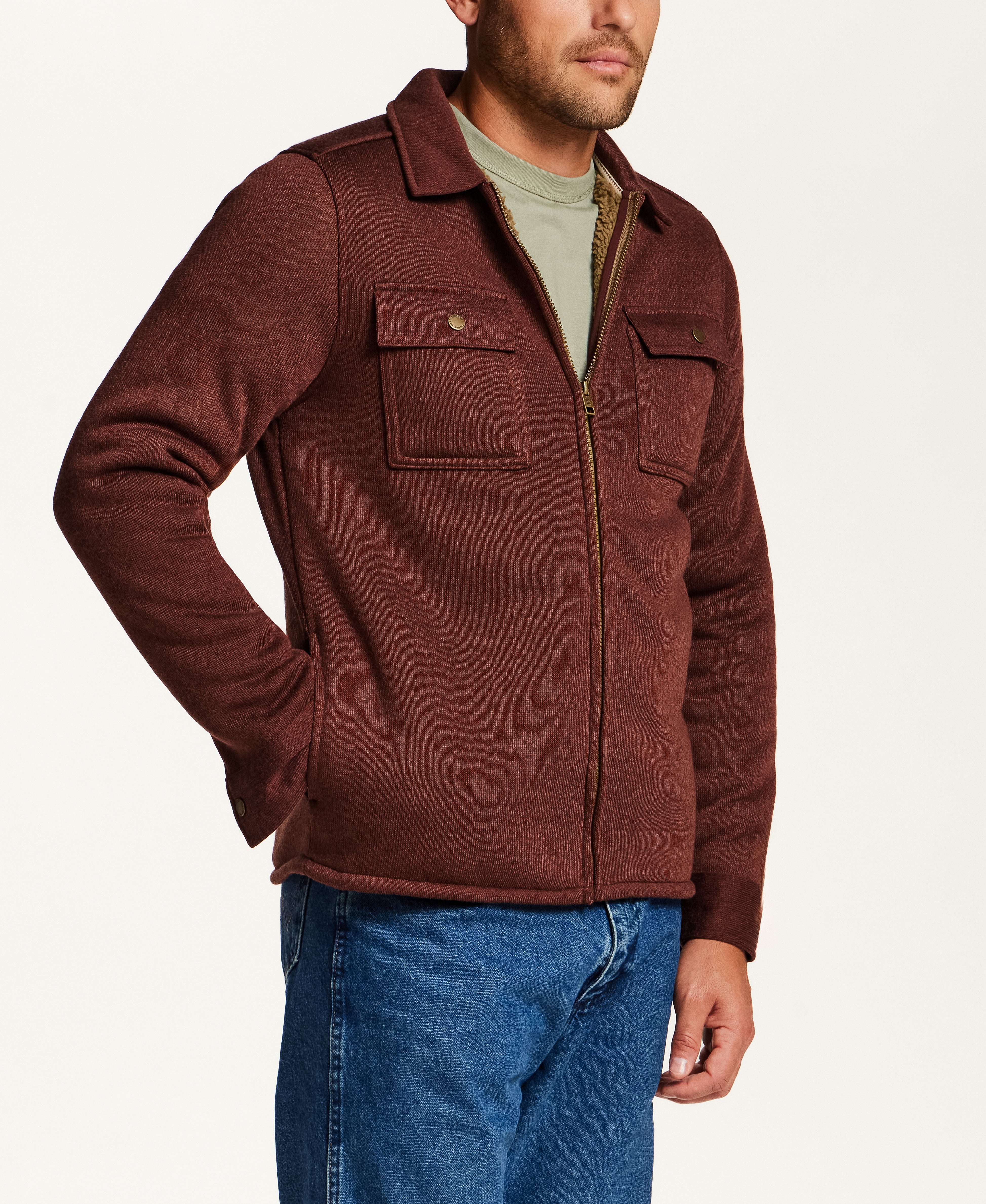 Sherpa-Lined Sweater Fleece Shirt Jacket in Brick