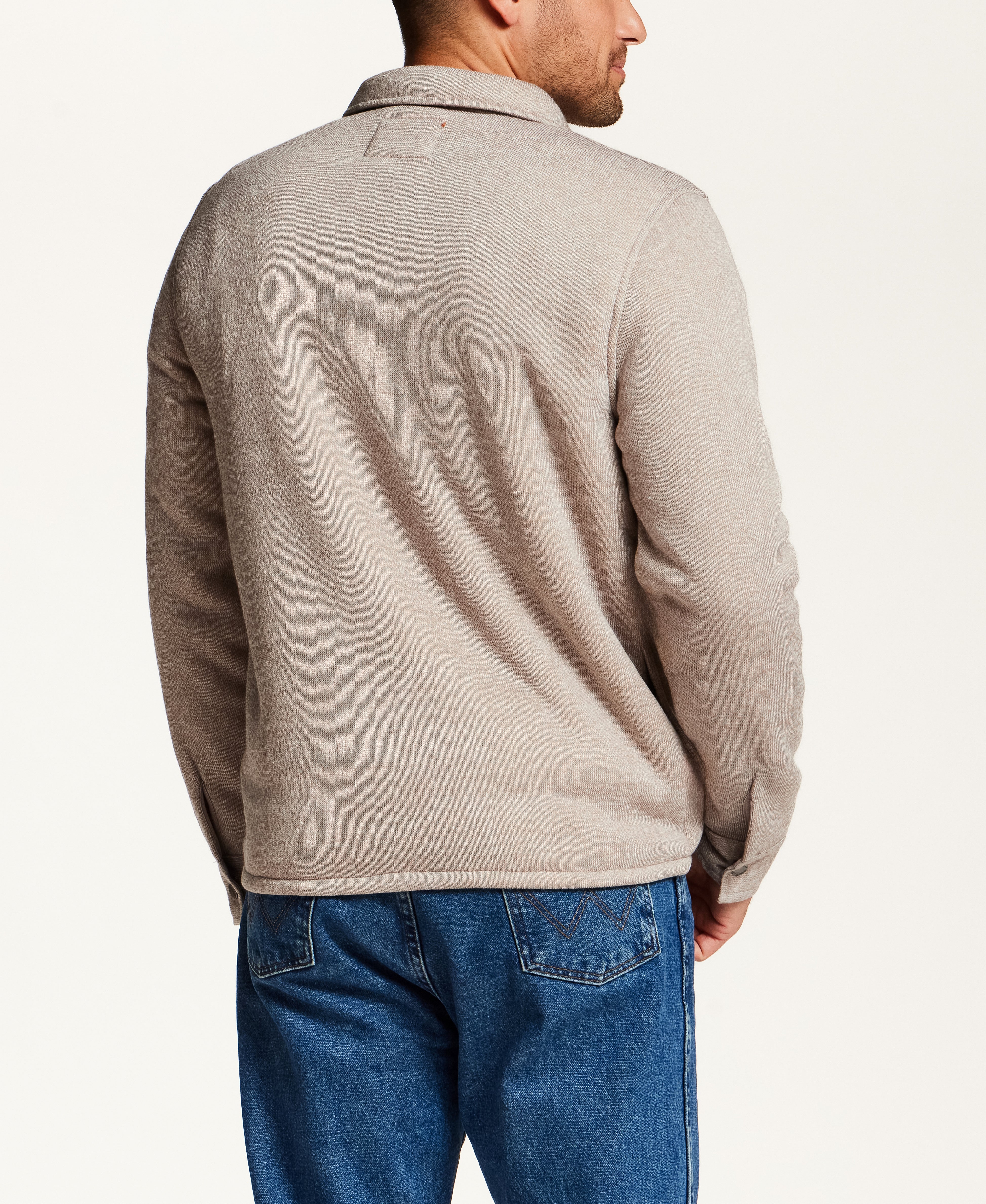 Sherpa-Lined Sweater Fleece Shirt Jacket in Cream