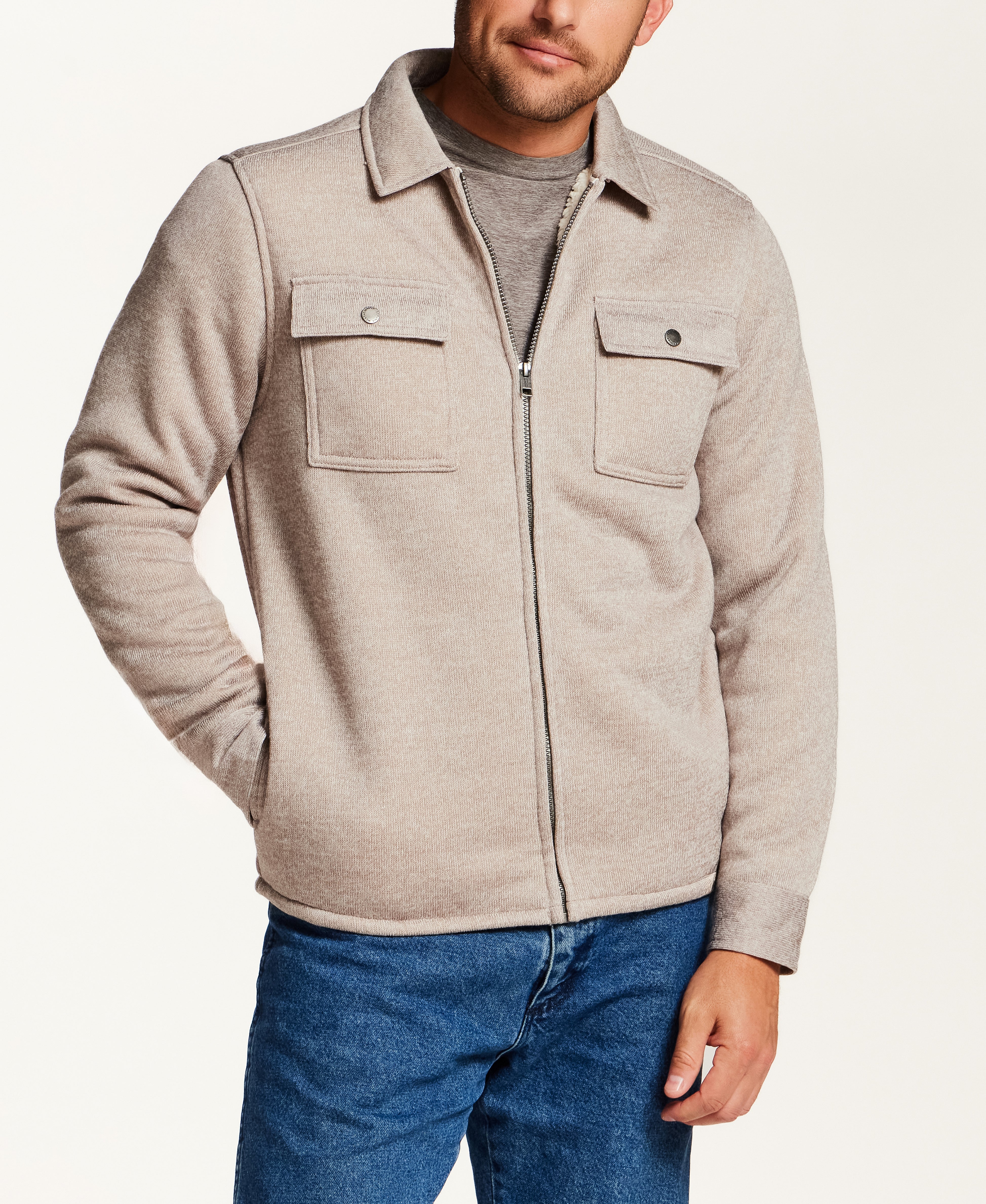 Sherpa-Lined Sweater Fleece Shirt Jacket in Cream