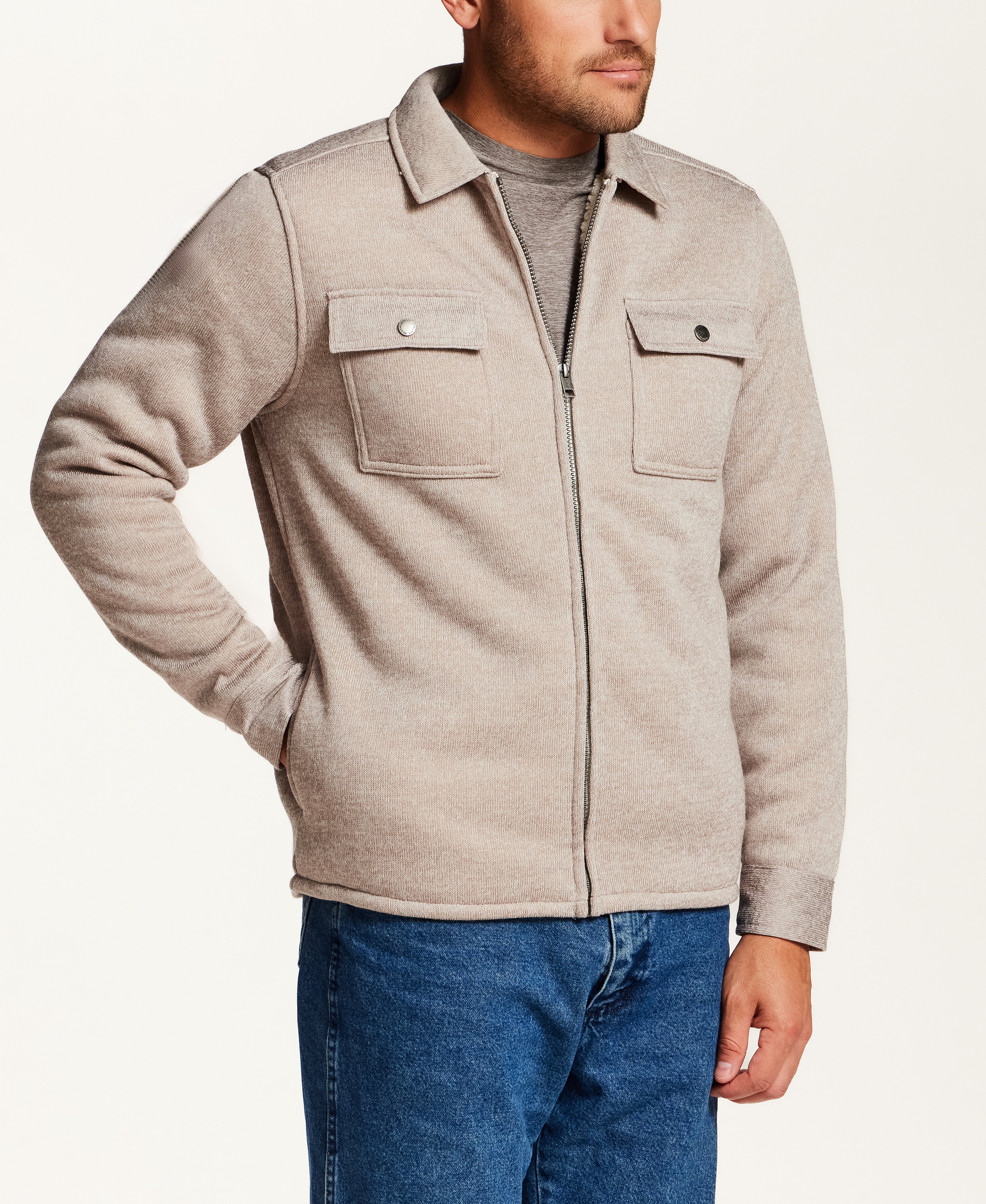 Sherpa-Lined Sweater Fleece Shirt Jacket in Cream