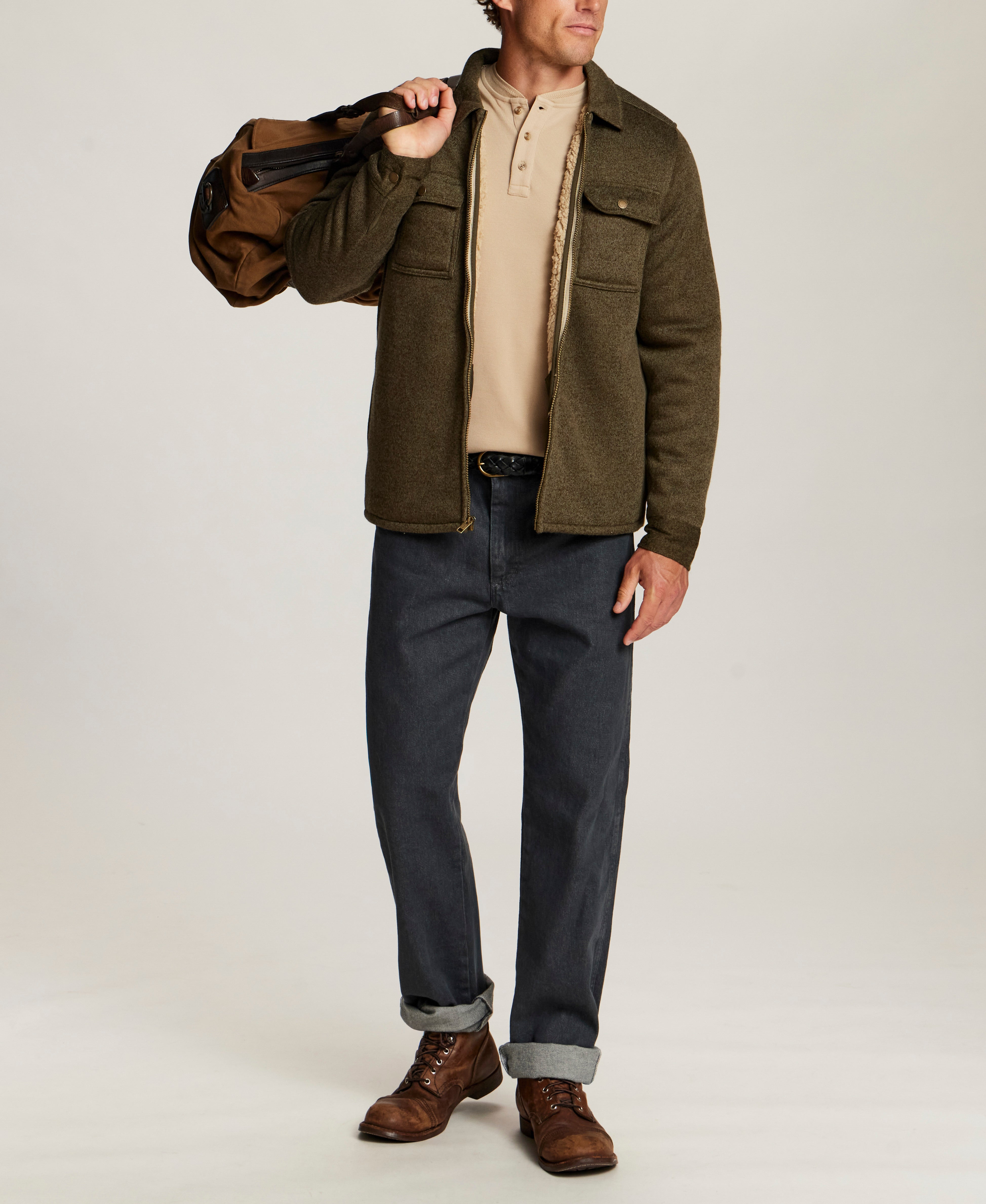 Sherpa-Lined Sweater Fleece Shirt Jacket in Forest Night