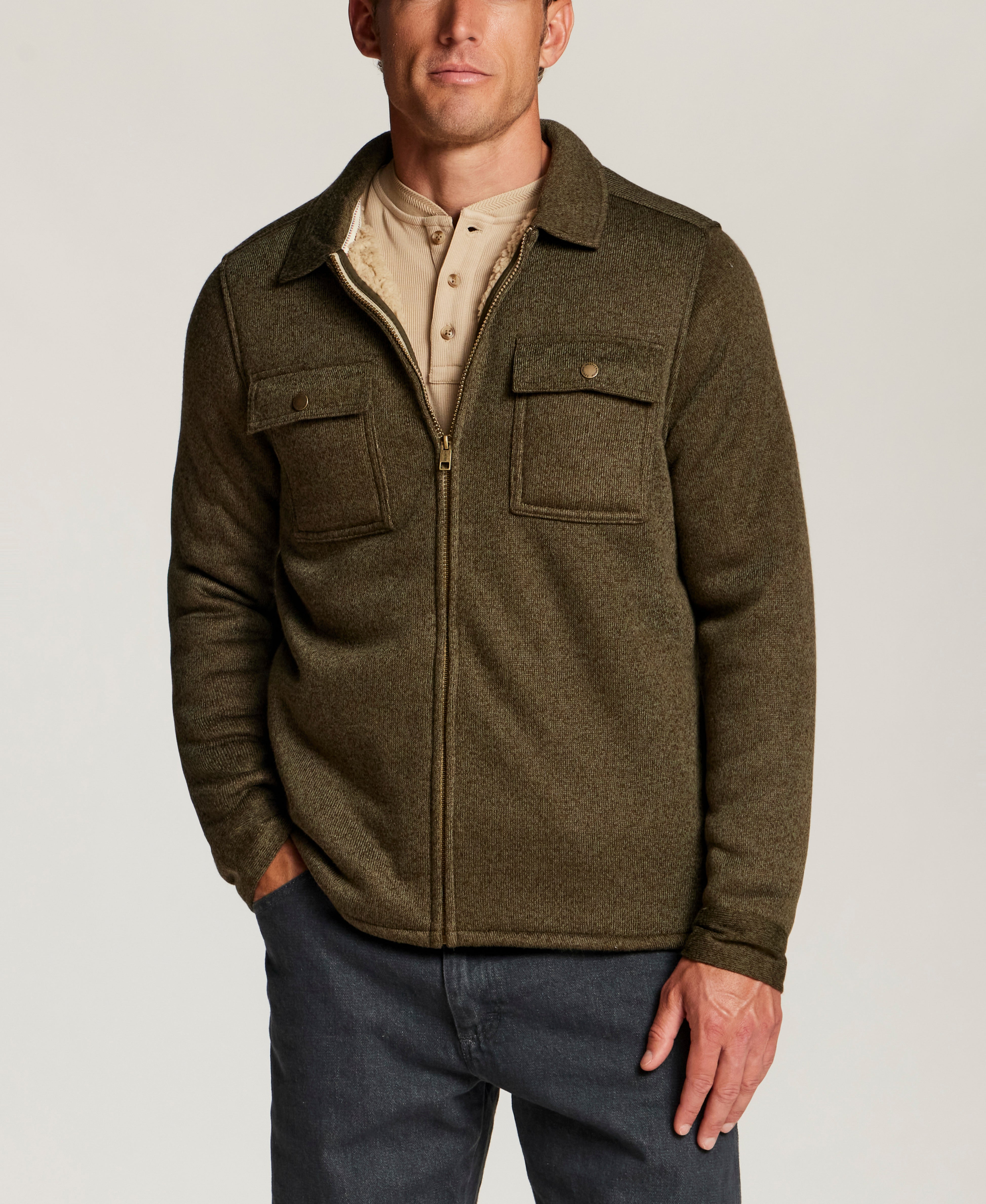 Sherpa-Lined Sweater Fleece Shirt Jacket in Forest Night