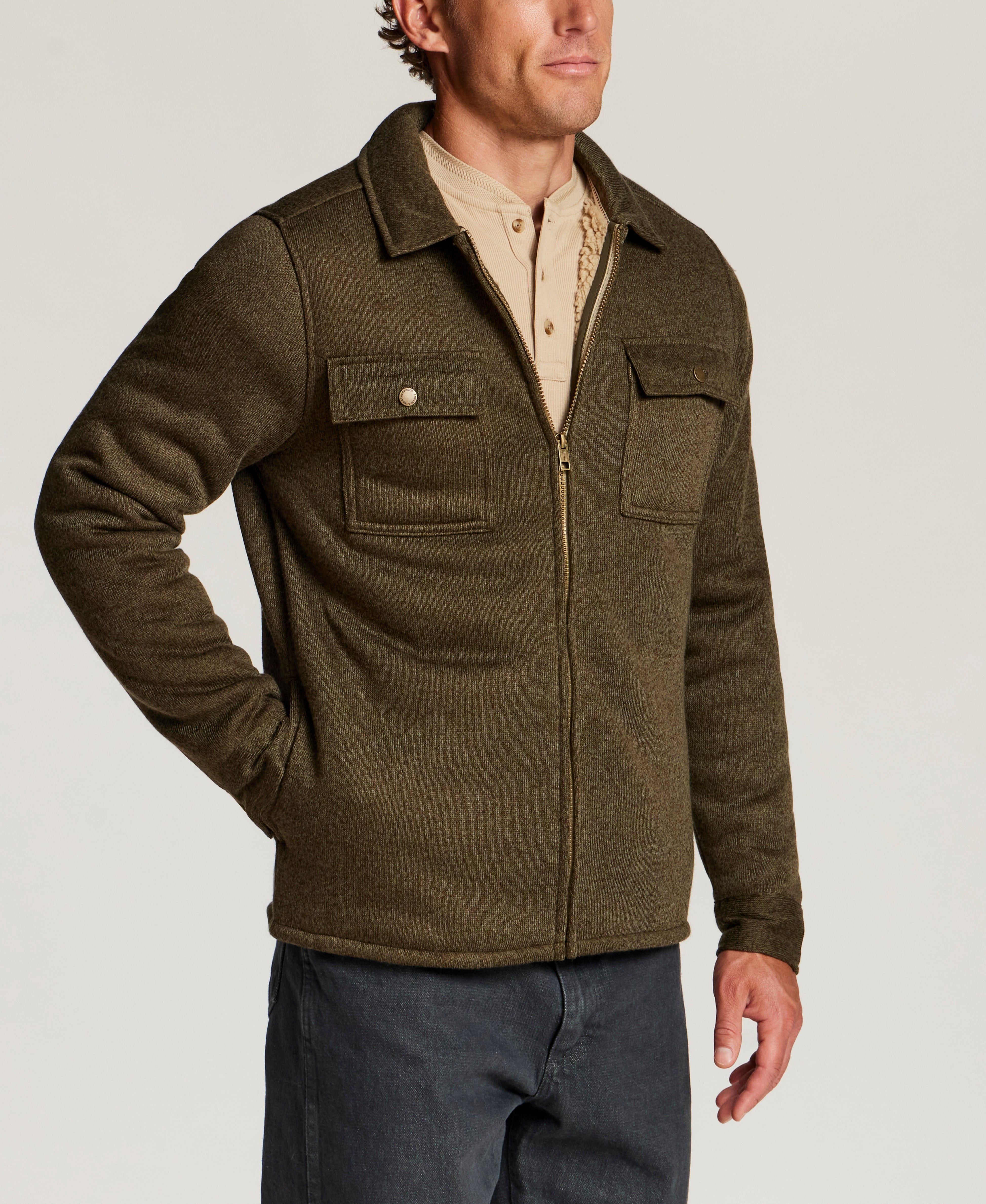 Sherpa-Lined Sweater Fleece Shirt Jacket in Forest Night