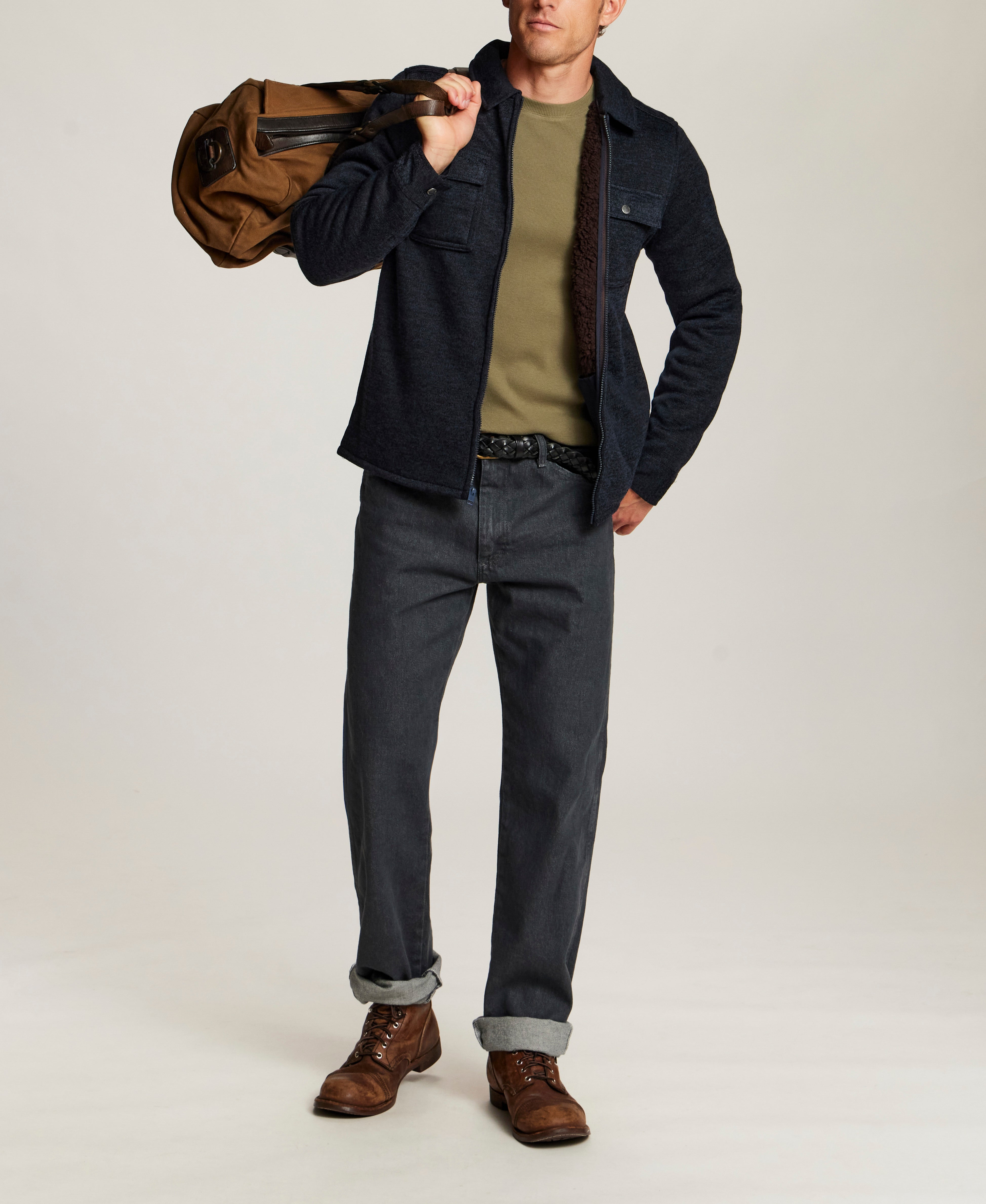 Sherpa-Lined Sweater Fleece Shirt Jacket in Midnight Navy