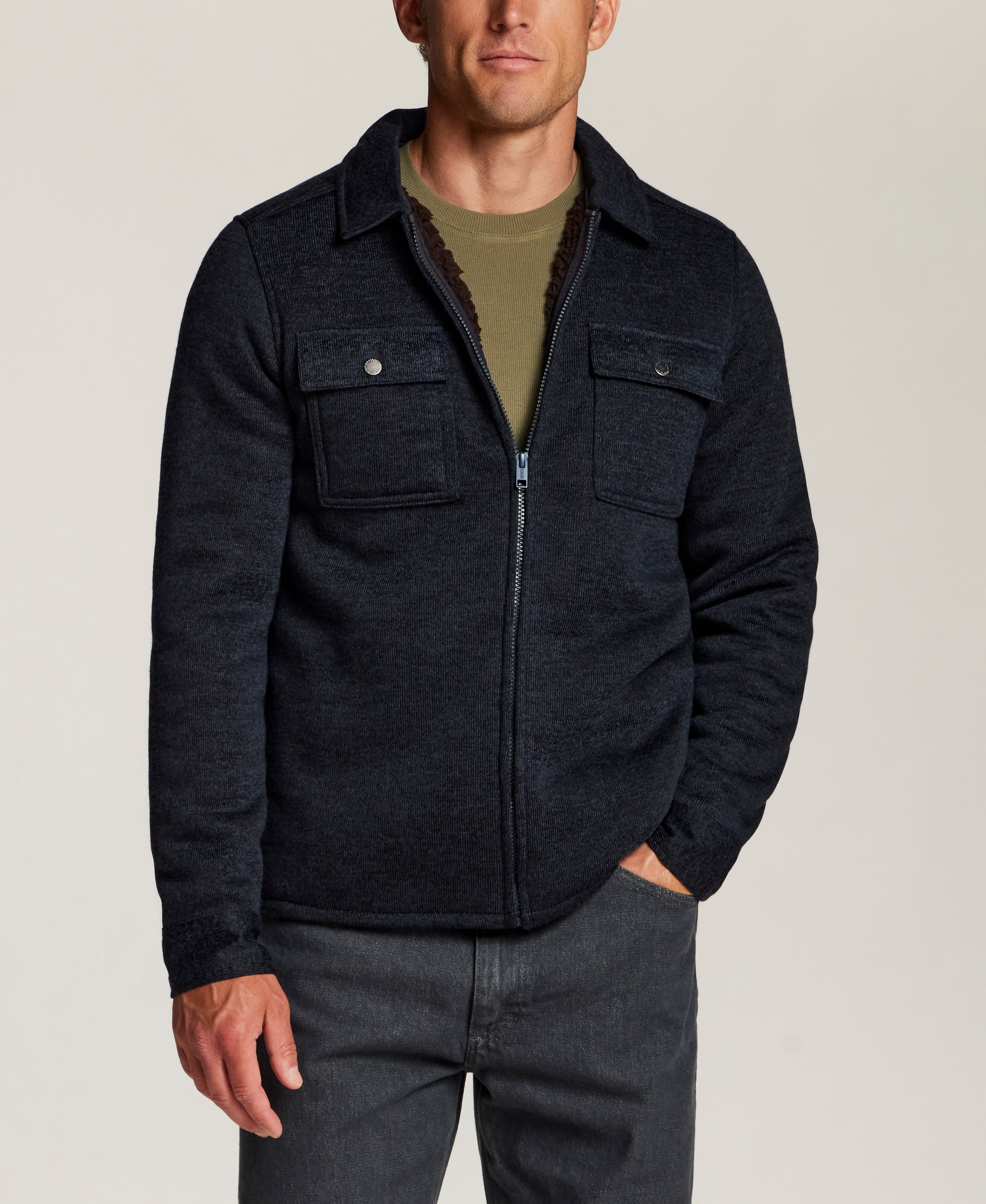 Sherpa-Lined Sweater Fleece Shirt Jacket in Midnight Navy