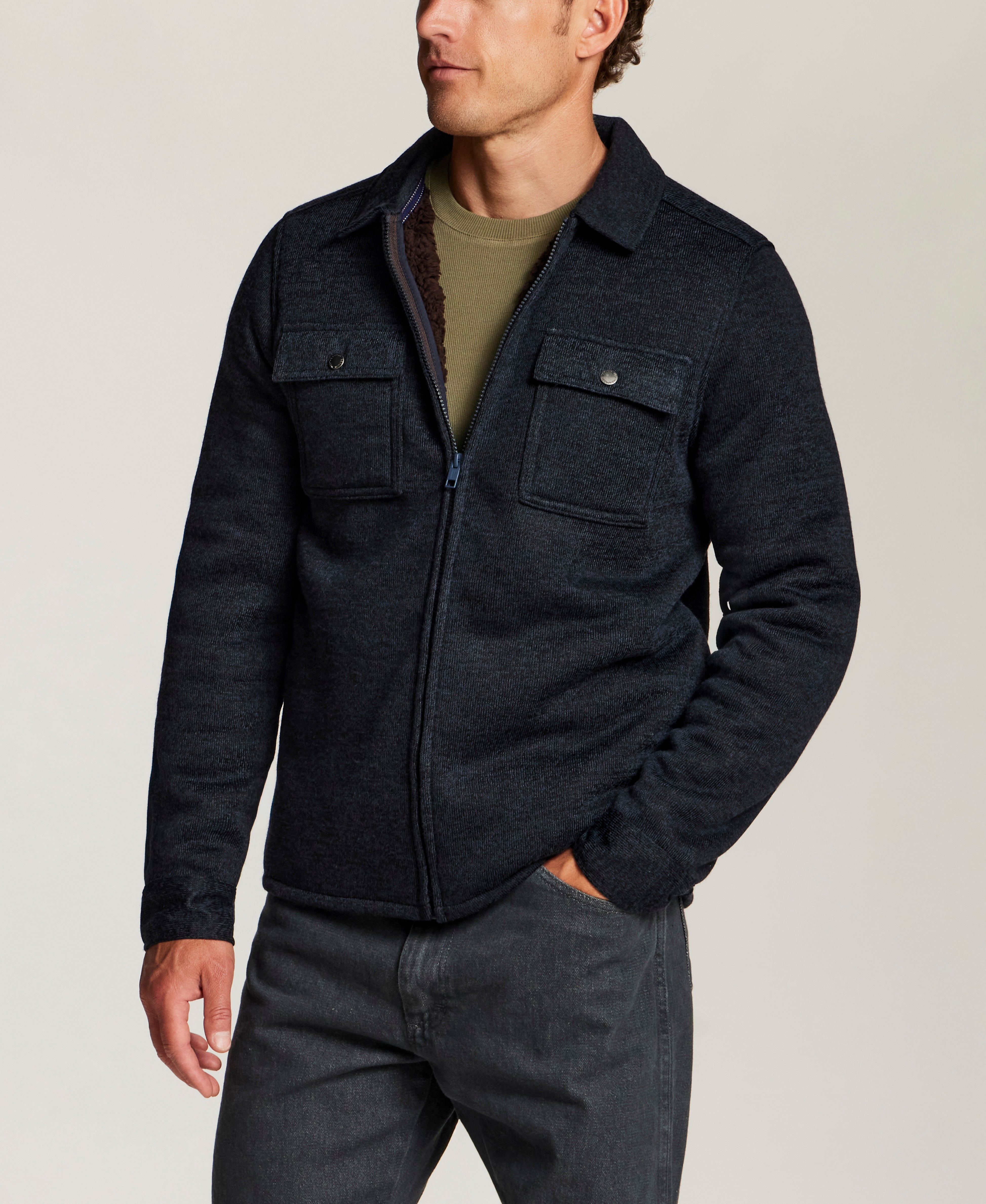 Sherpa-Lined Sweater Fleece Shirt Jacket in Midnight Navy