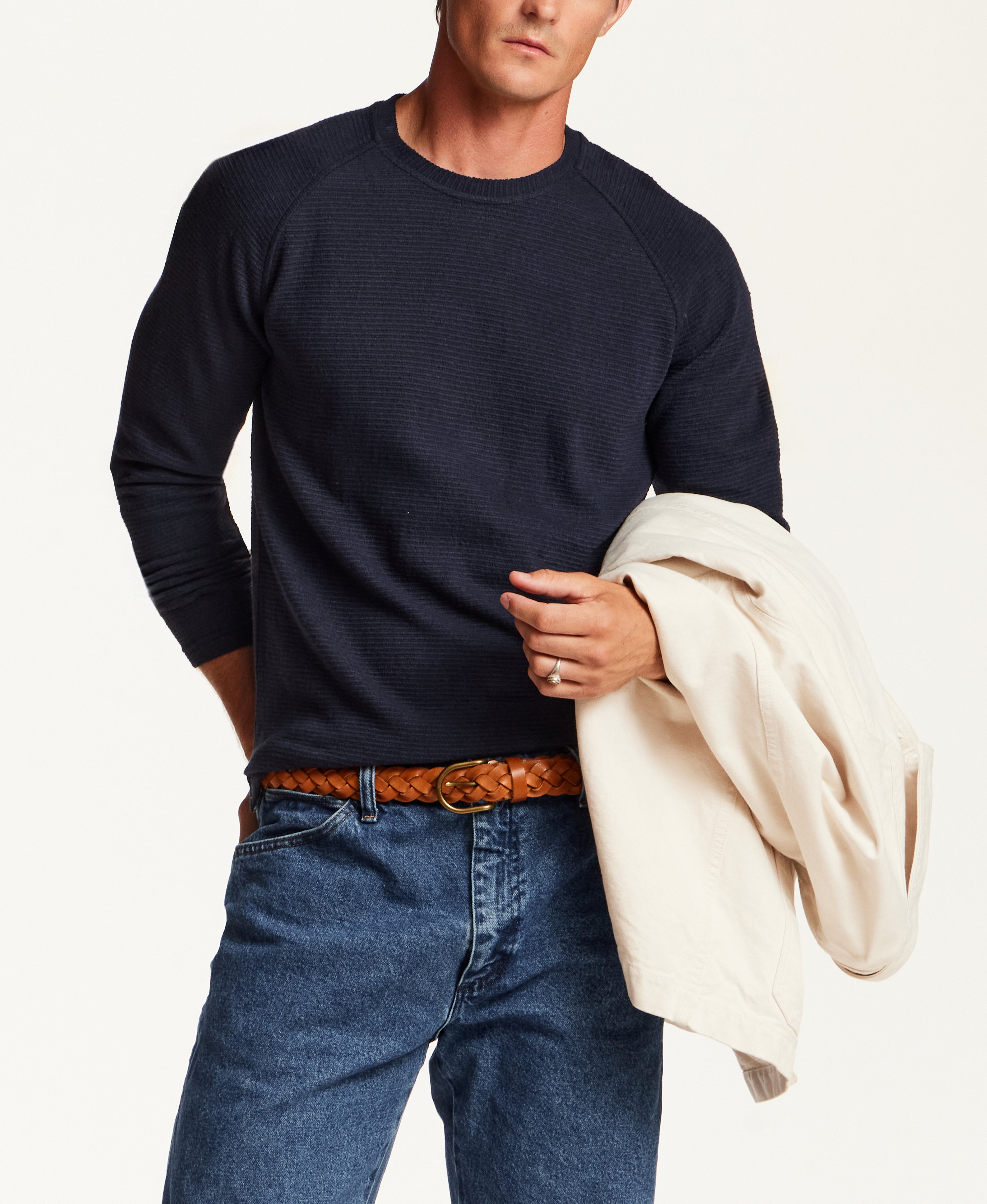 Textured Raglan Crewneck in Navy
