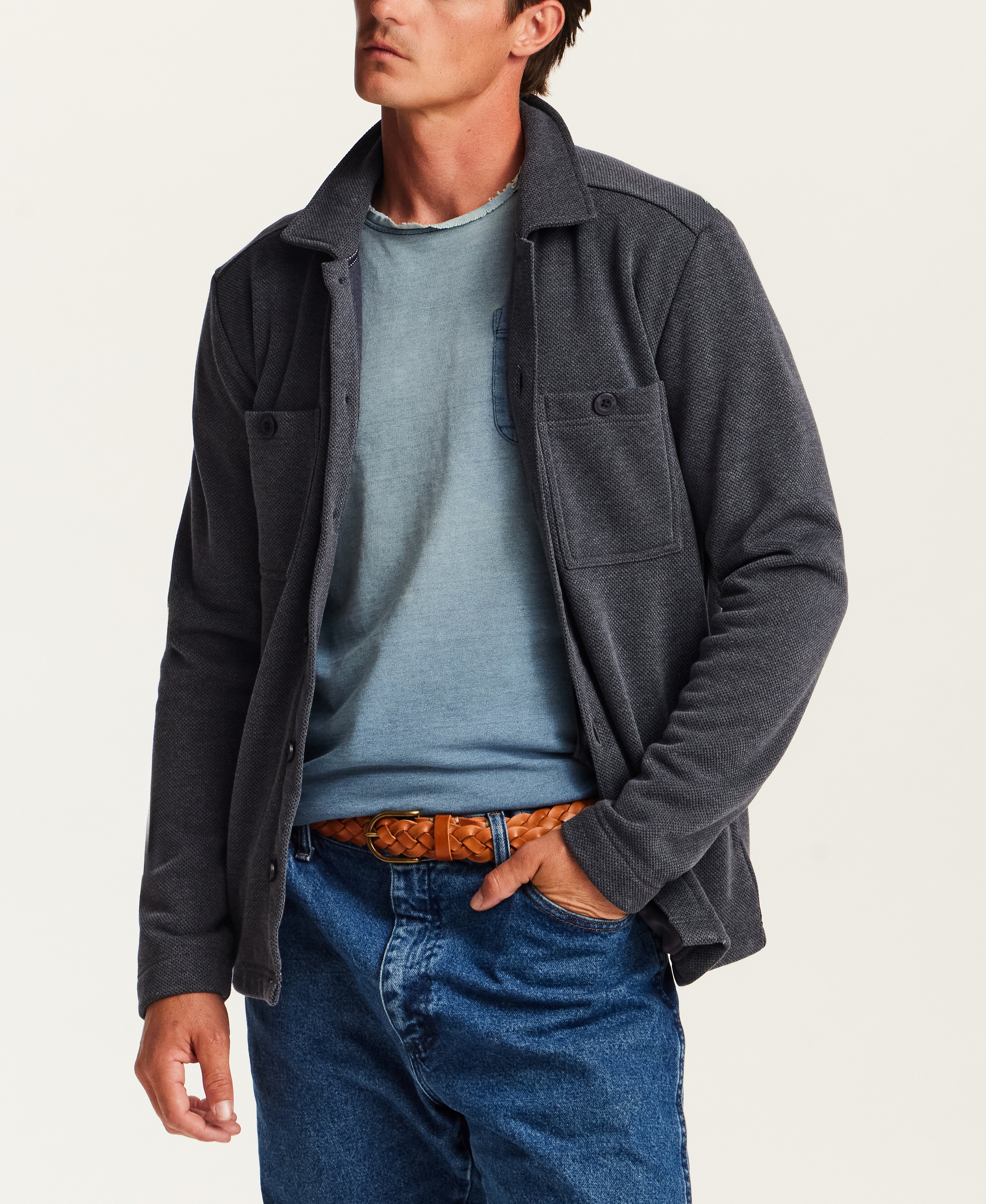 Pebble Knit Shirt Jacket in Midnight Navy