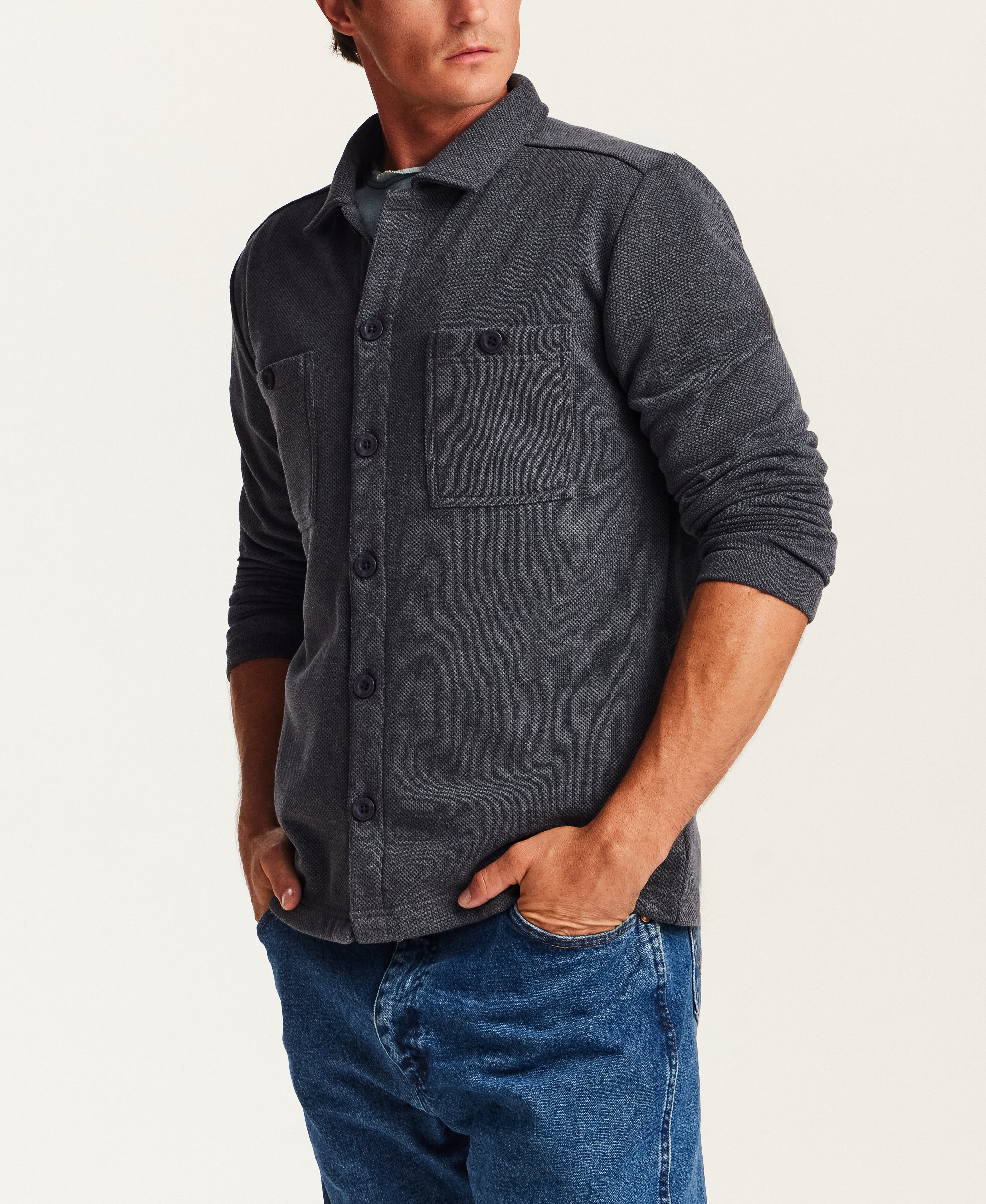 Pebble Knit Shirt Jacket in Midnight Navy