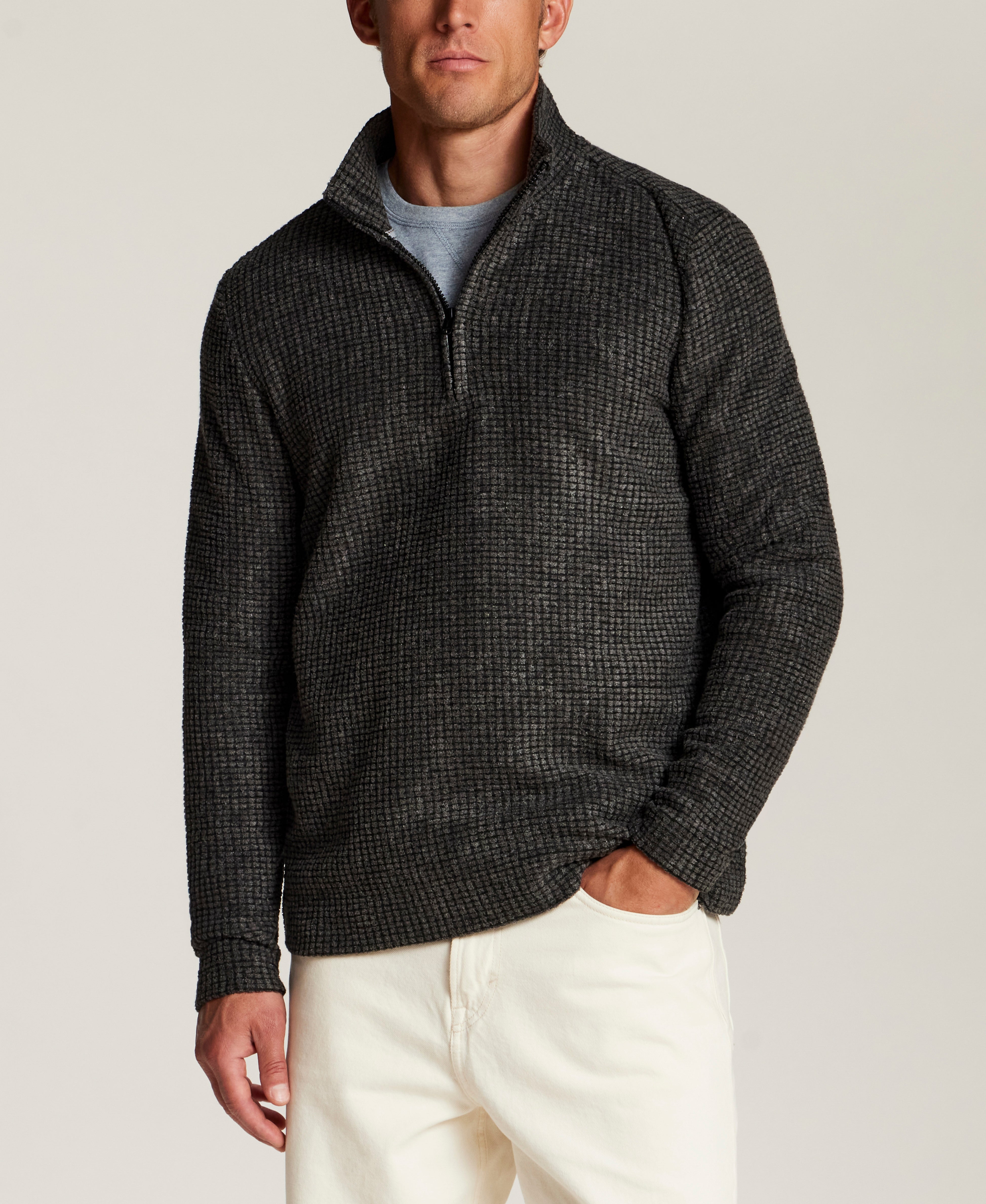 Textured Grid Quarter-Zip in Black Beauty