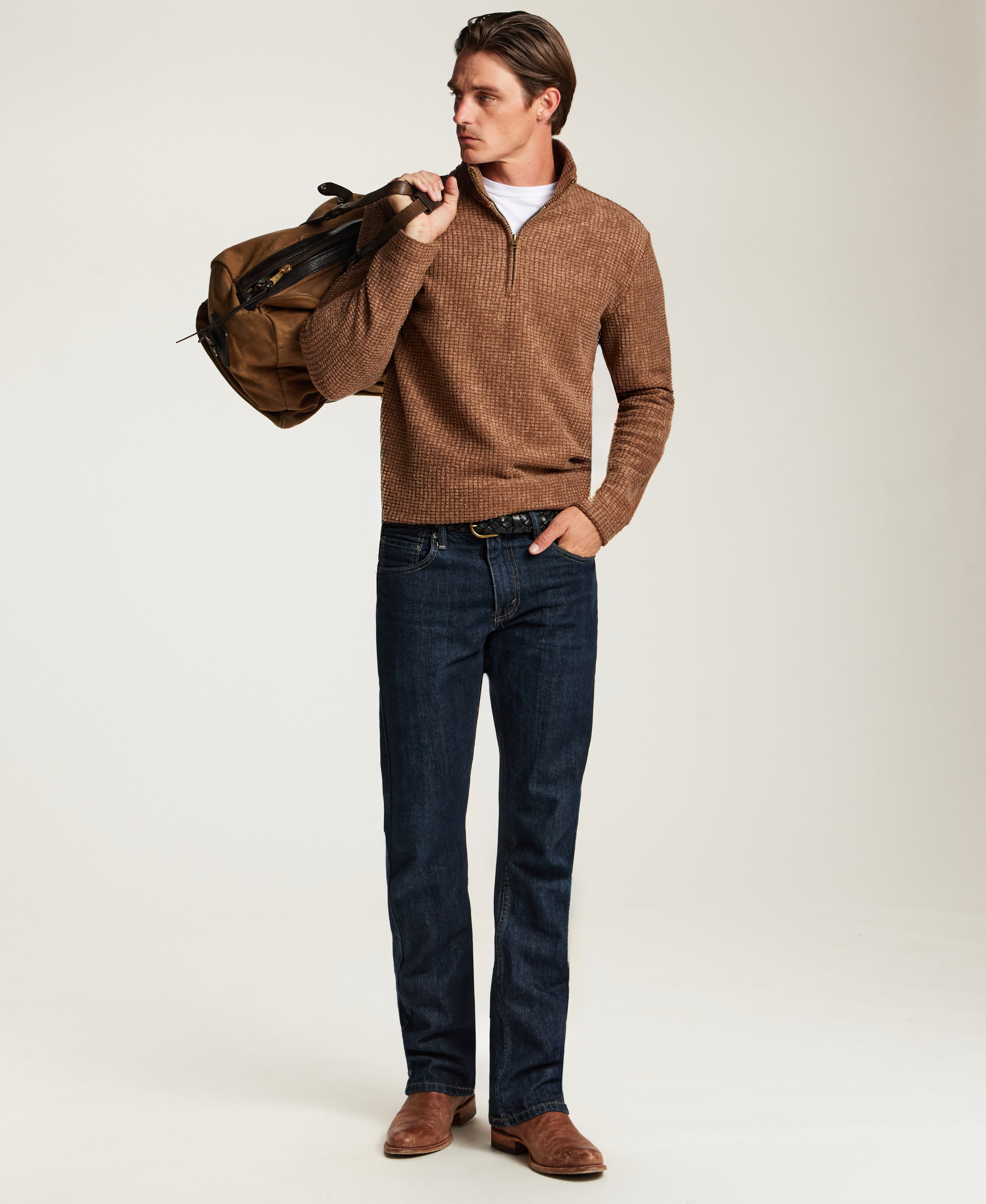 Textured Grid Quarter-Zip in Spanish Brown