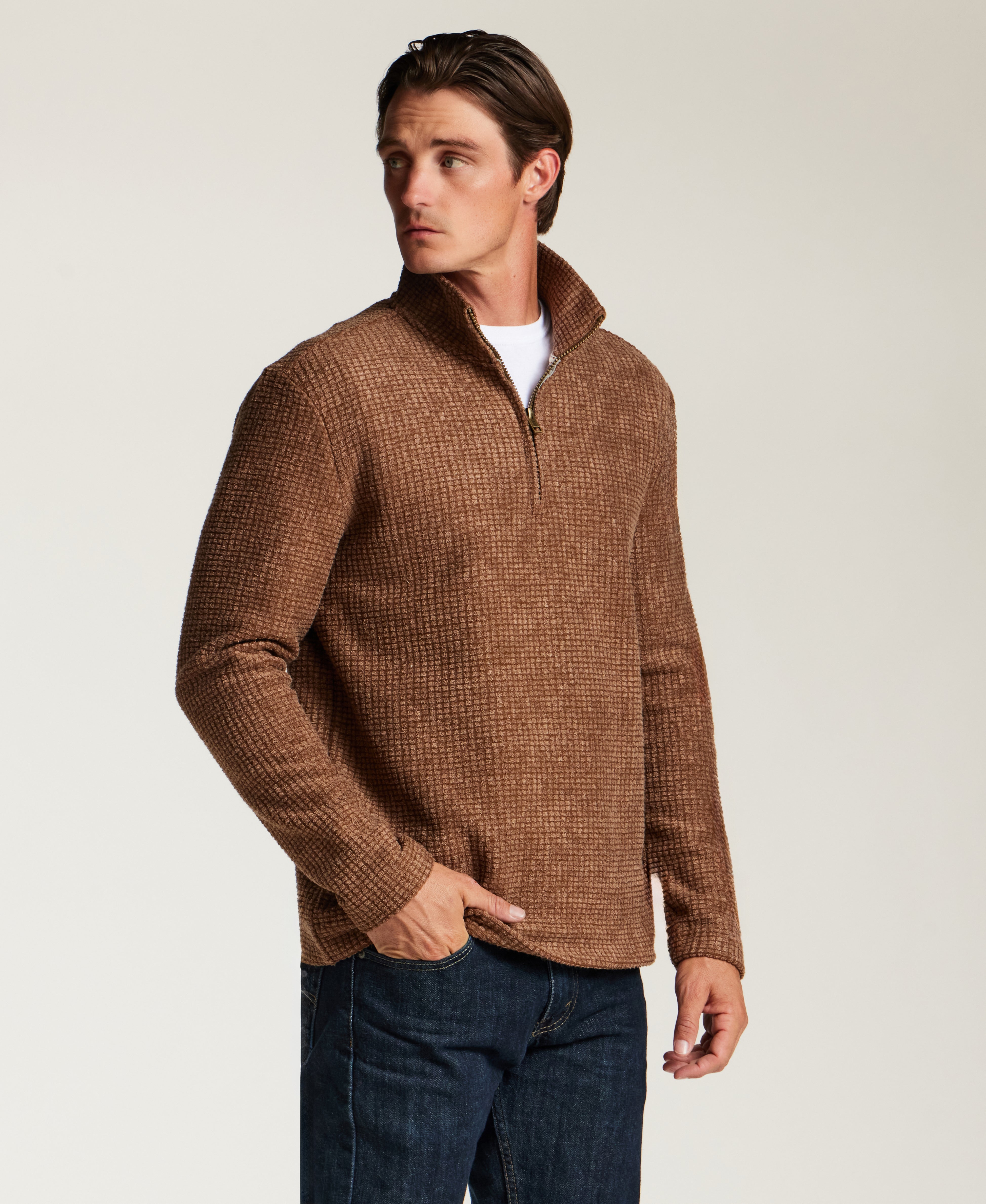 Textured Grid Quarter-Zip in Spanish Brown