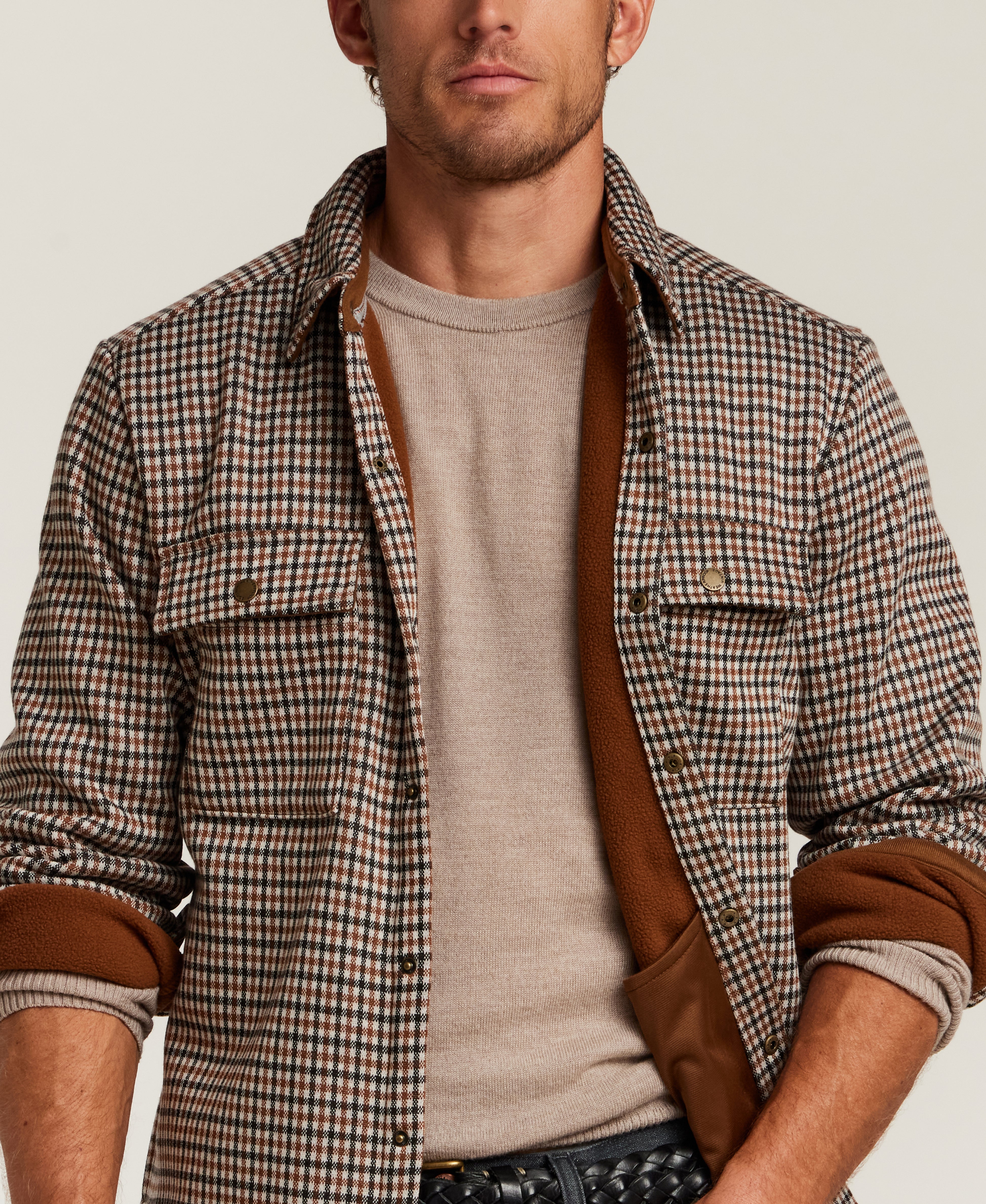 Knit Check Shirt Jacket in Chestnut