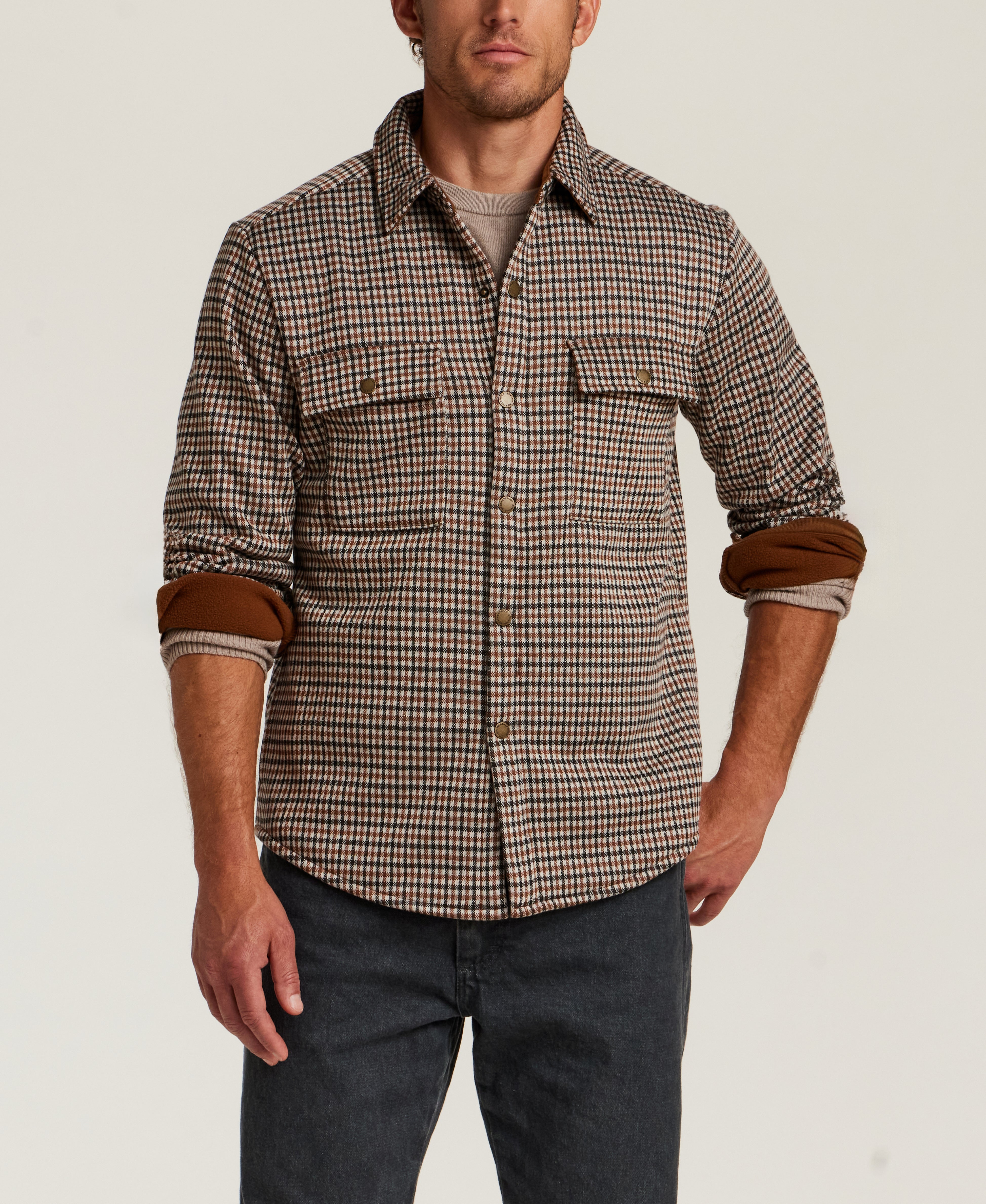 Knit Check Shirt Jacket in Chestnut
