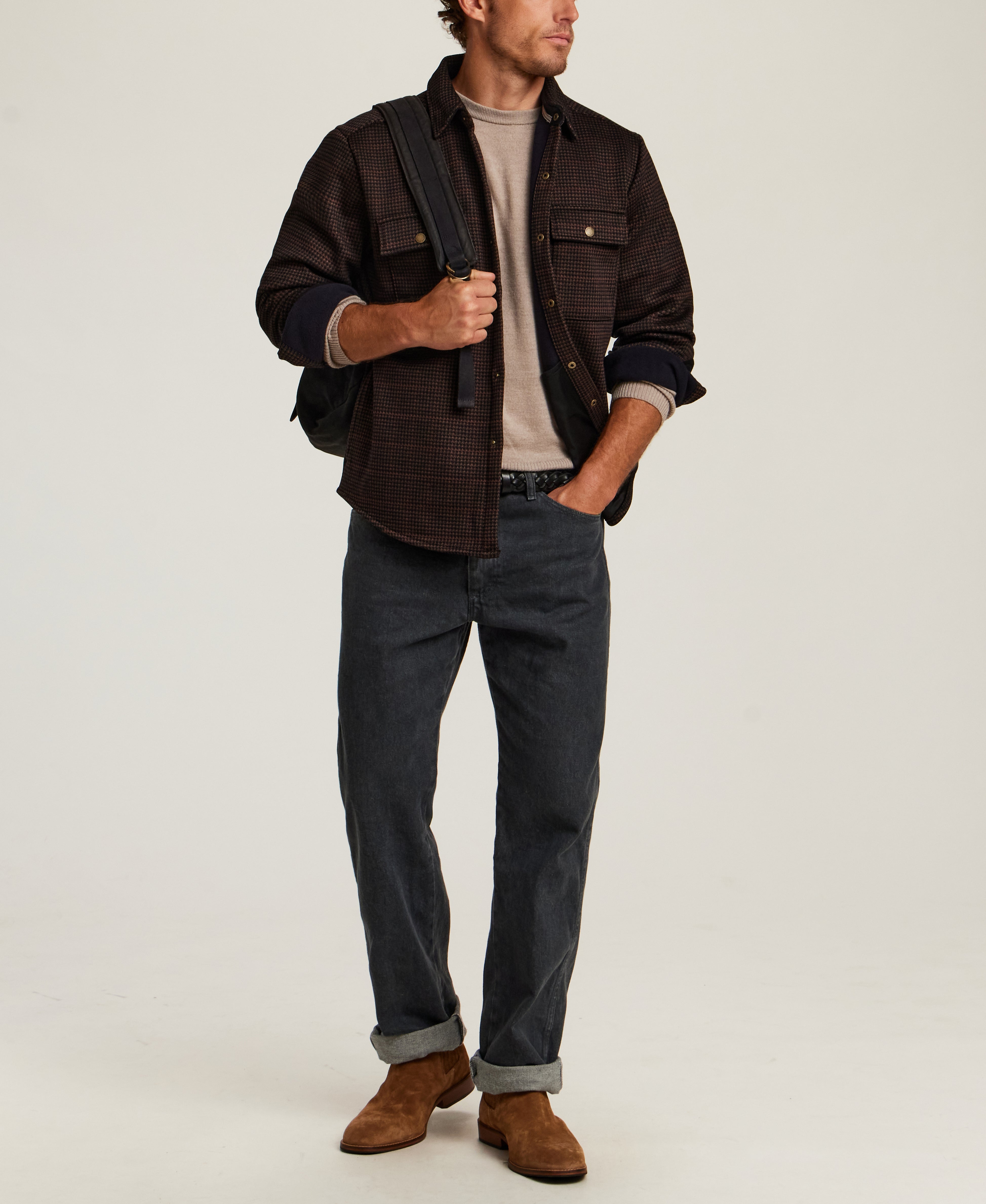 Knit Check Shirt Jacket in Dark Brown