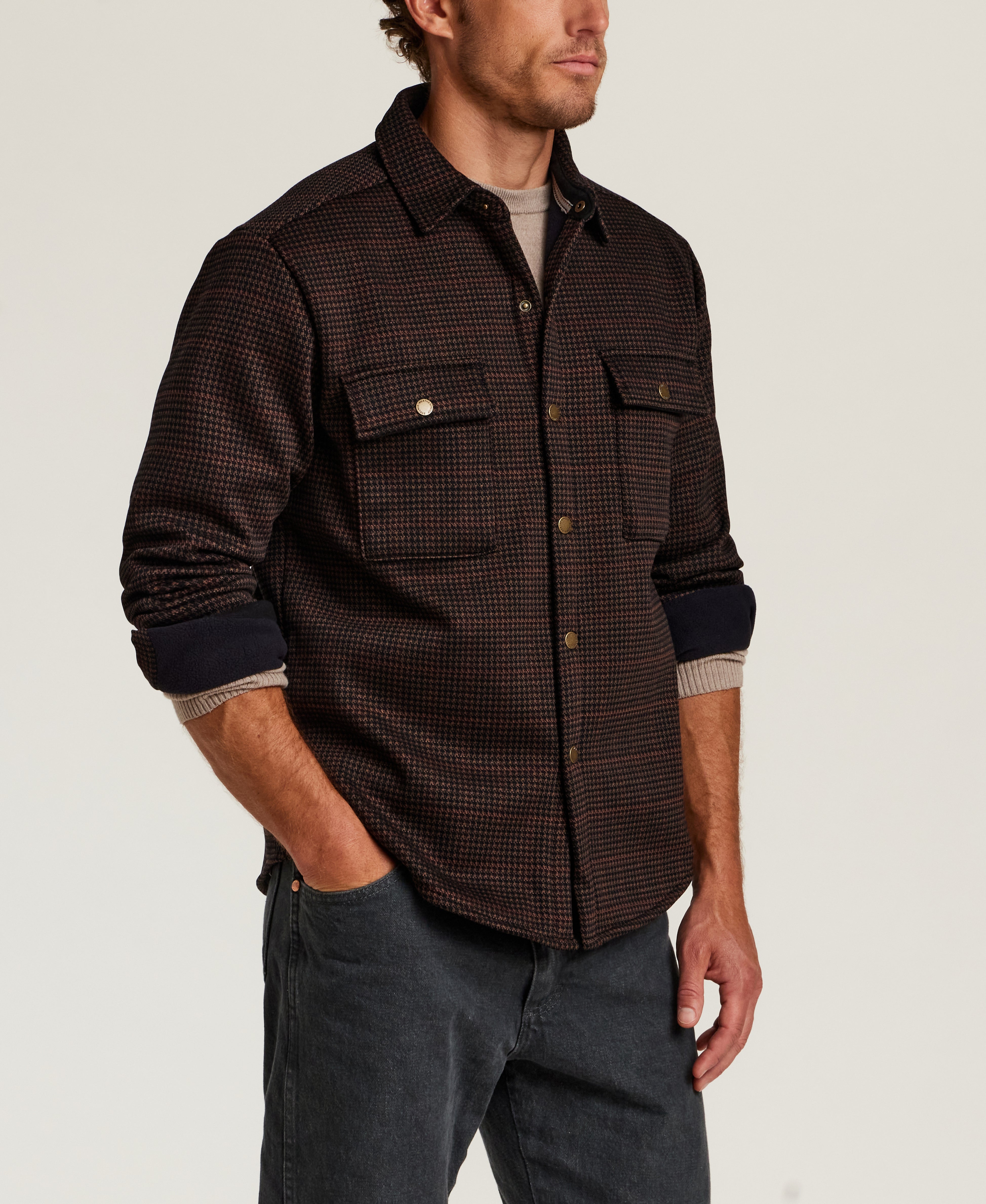Knit Check Shirt Jacket in Dark Brown