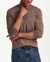 Long Sleeve Brushed Jersey Henley in Mocha Heather