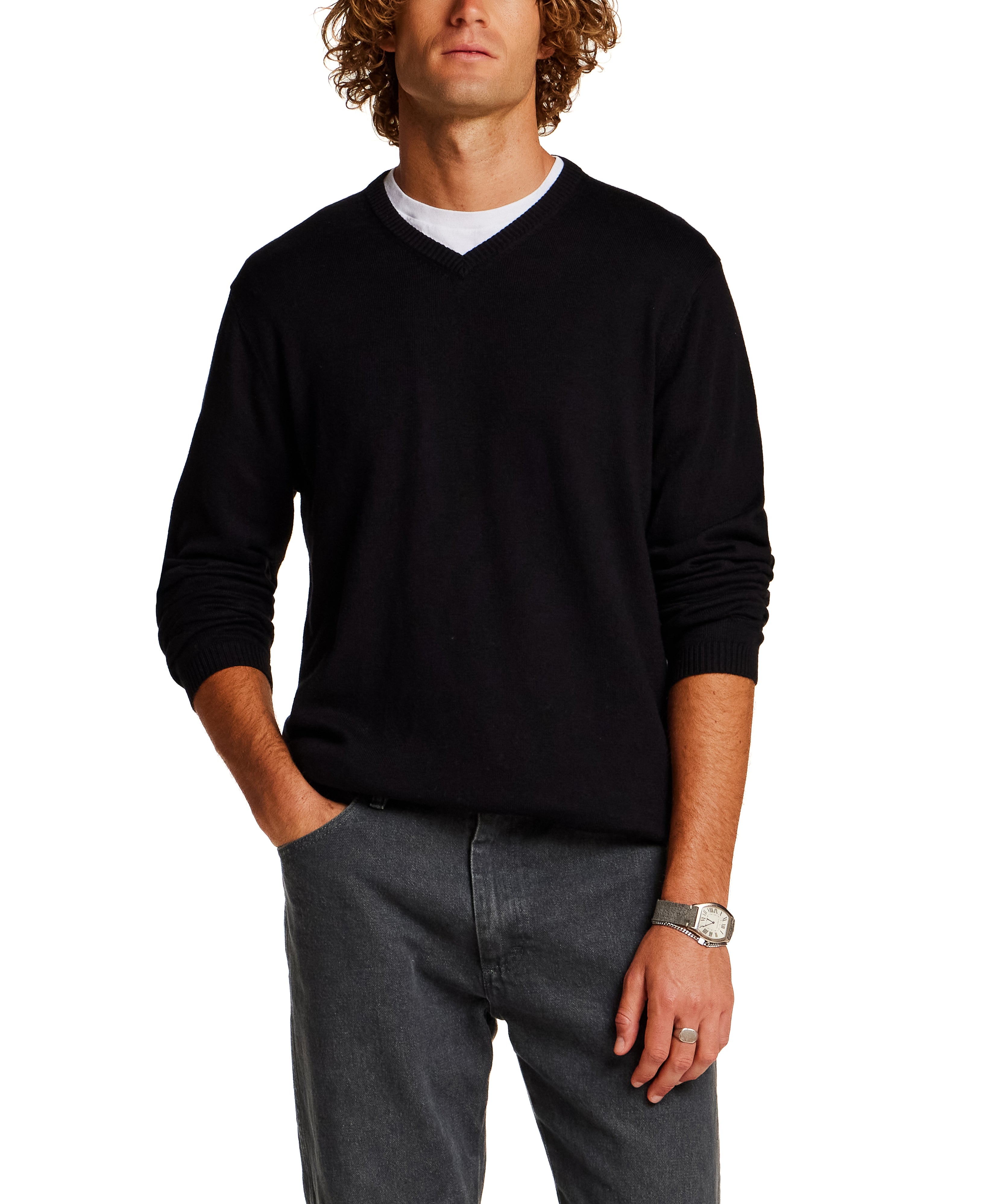 Cotton-Cashmere V-Neck Sweater in Black