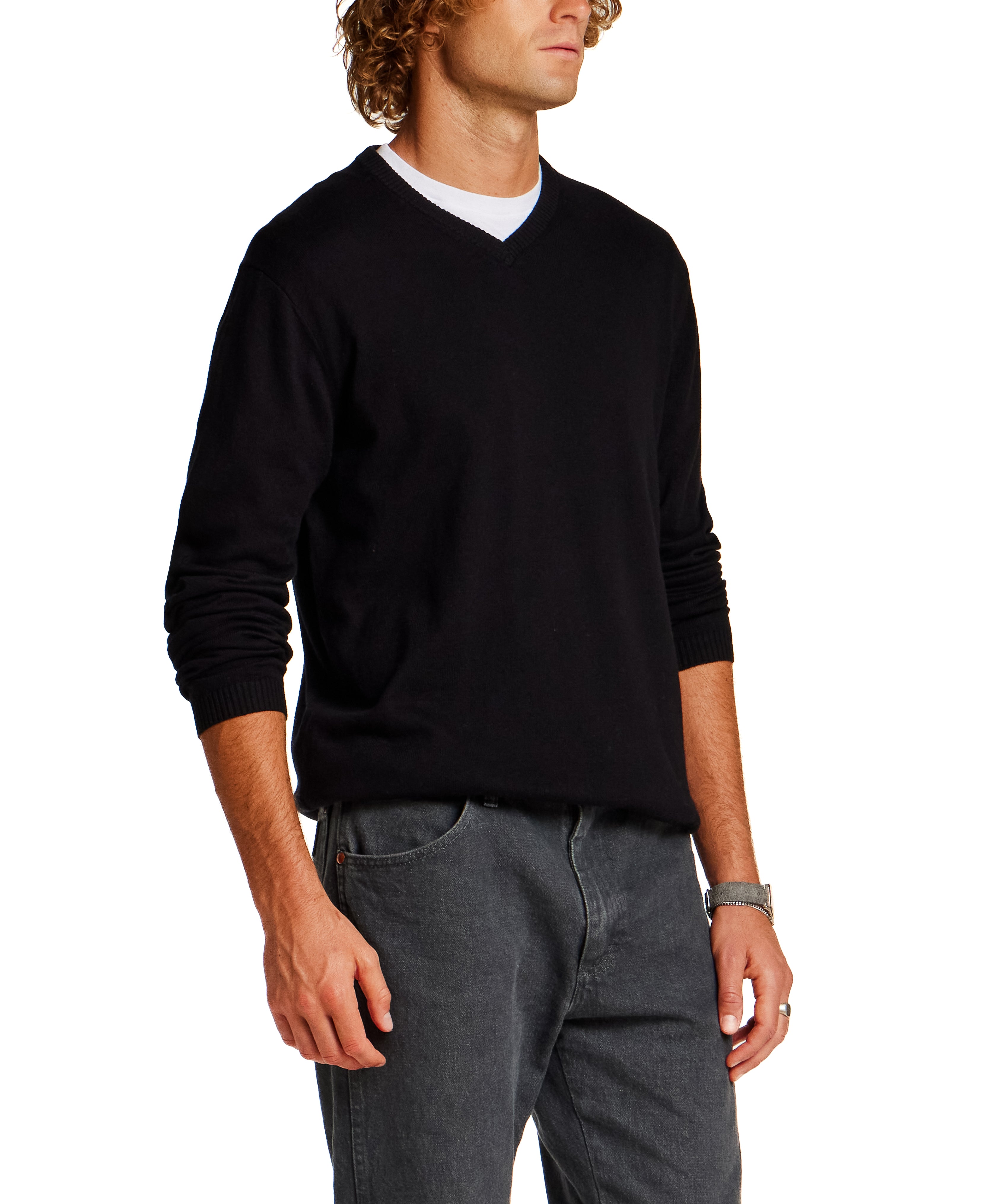 Cotton-Cashmere V-Neck Sweater in Black