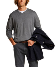 Cotton-Cashmere V-Neck Sweater in Medium Grey Heather
