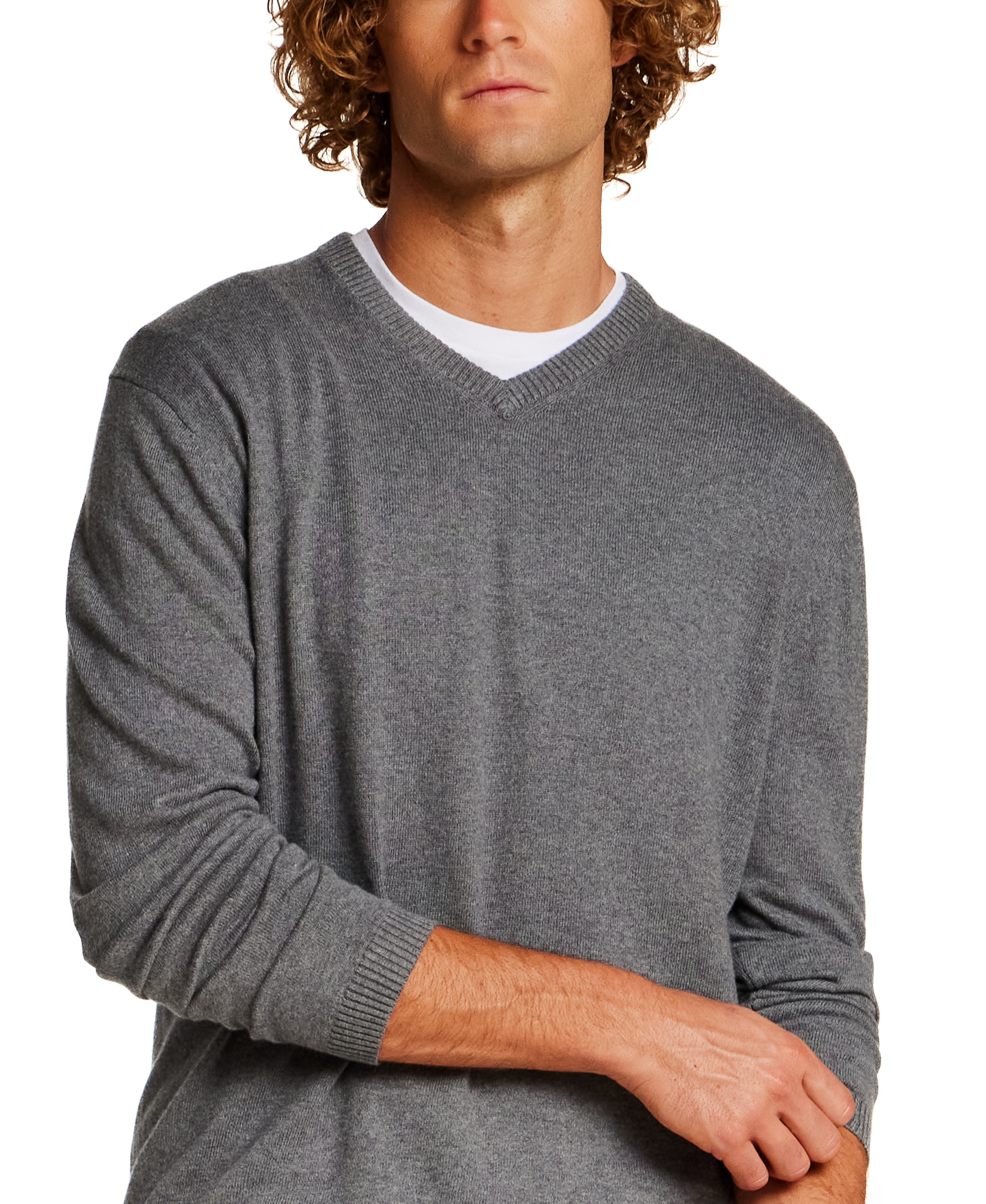 Cotton-Cashmere V-Neck Sweater in Medium Grey Heather