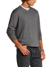 Cotton-Cashmere V-Neck Sweater in Medium Grey Heather
