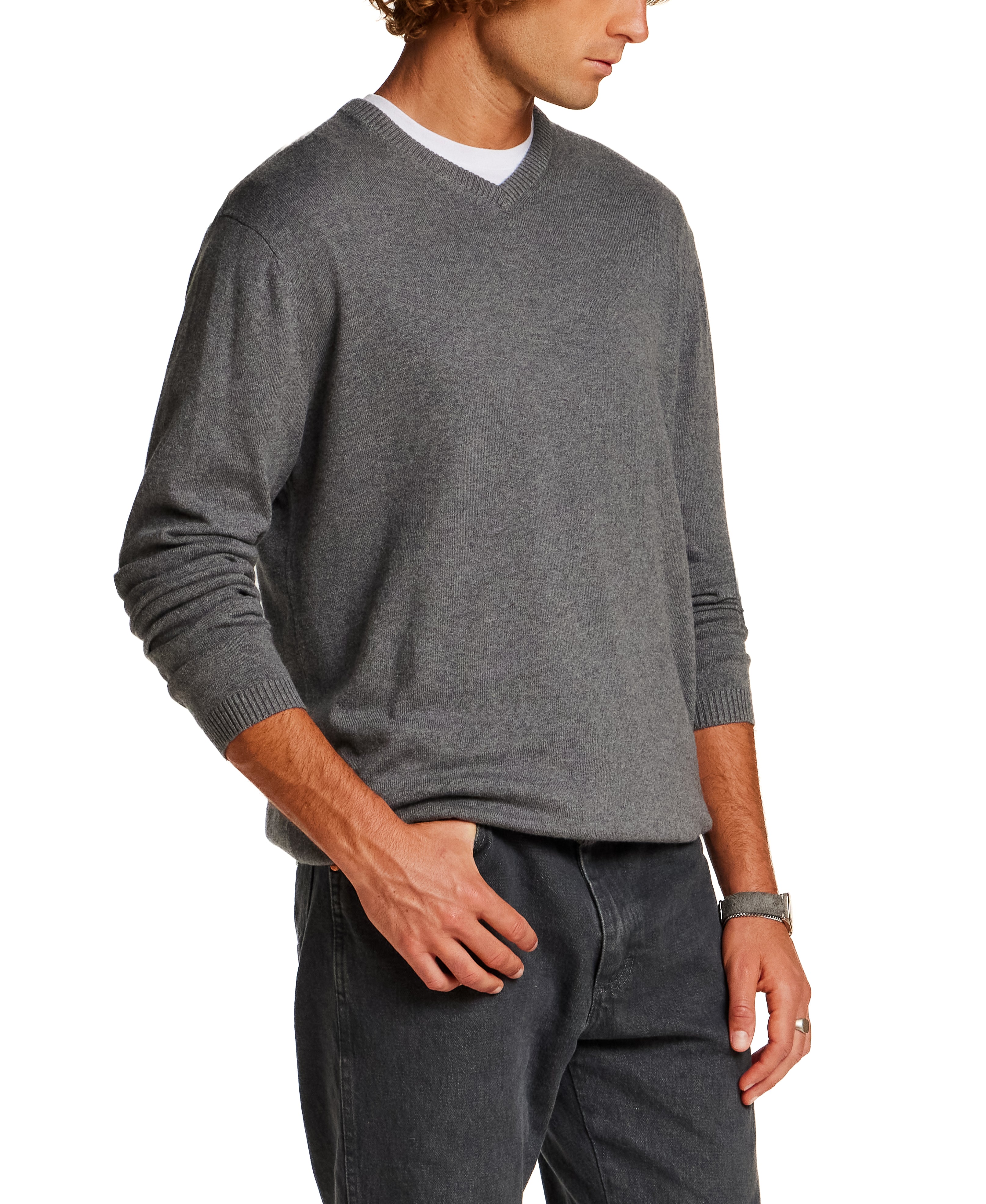 Cotton-Cashmere V-Neck Sweater in Medium Grey Heather