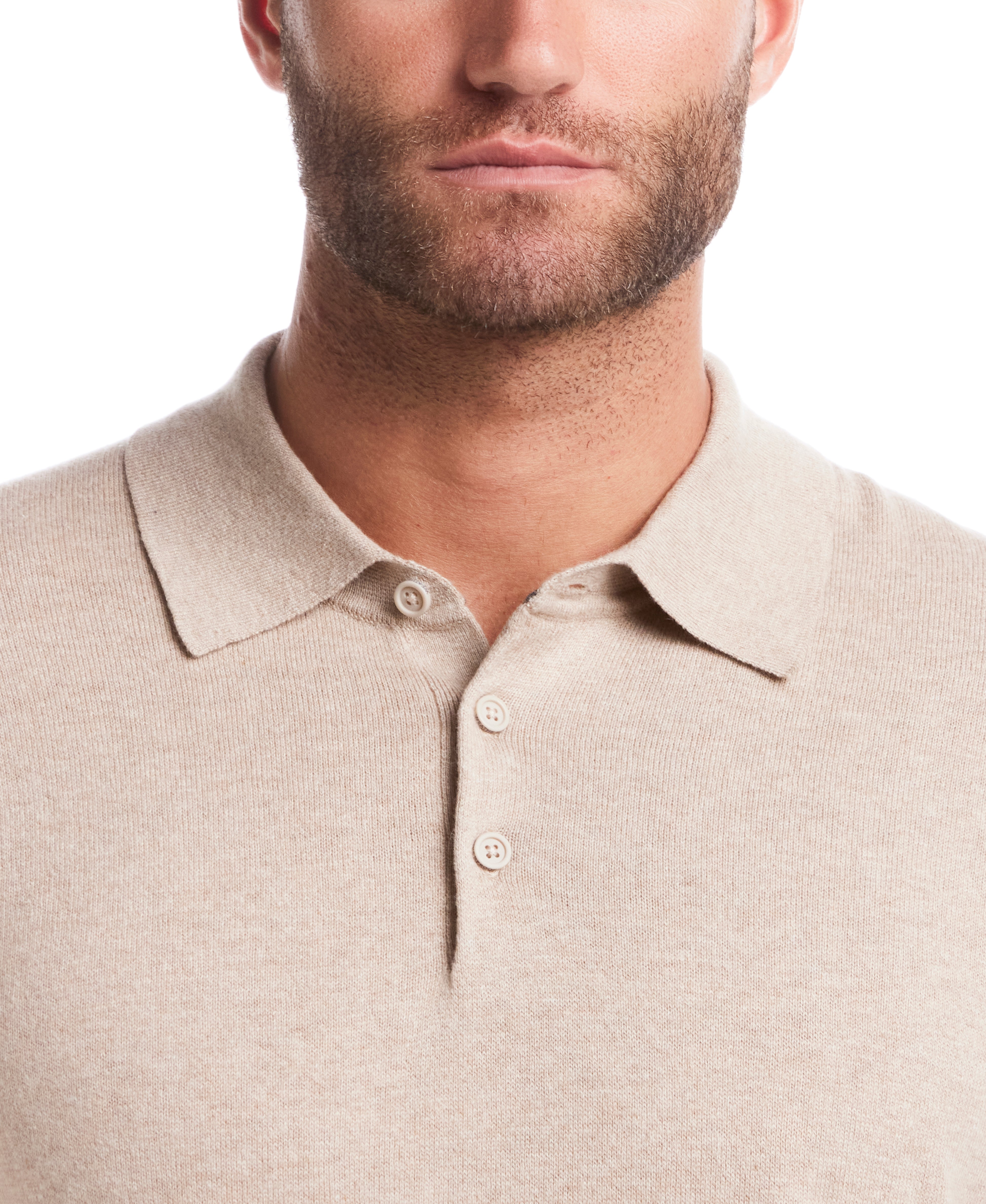 Cotton-Cashmere Polo Sweater in Bone Heather