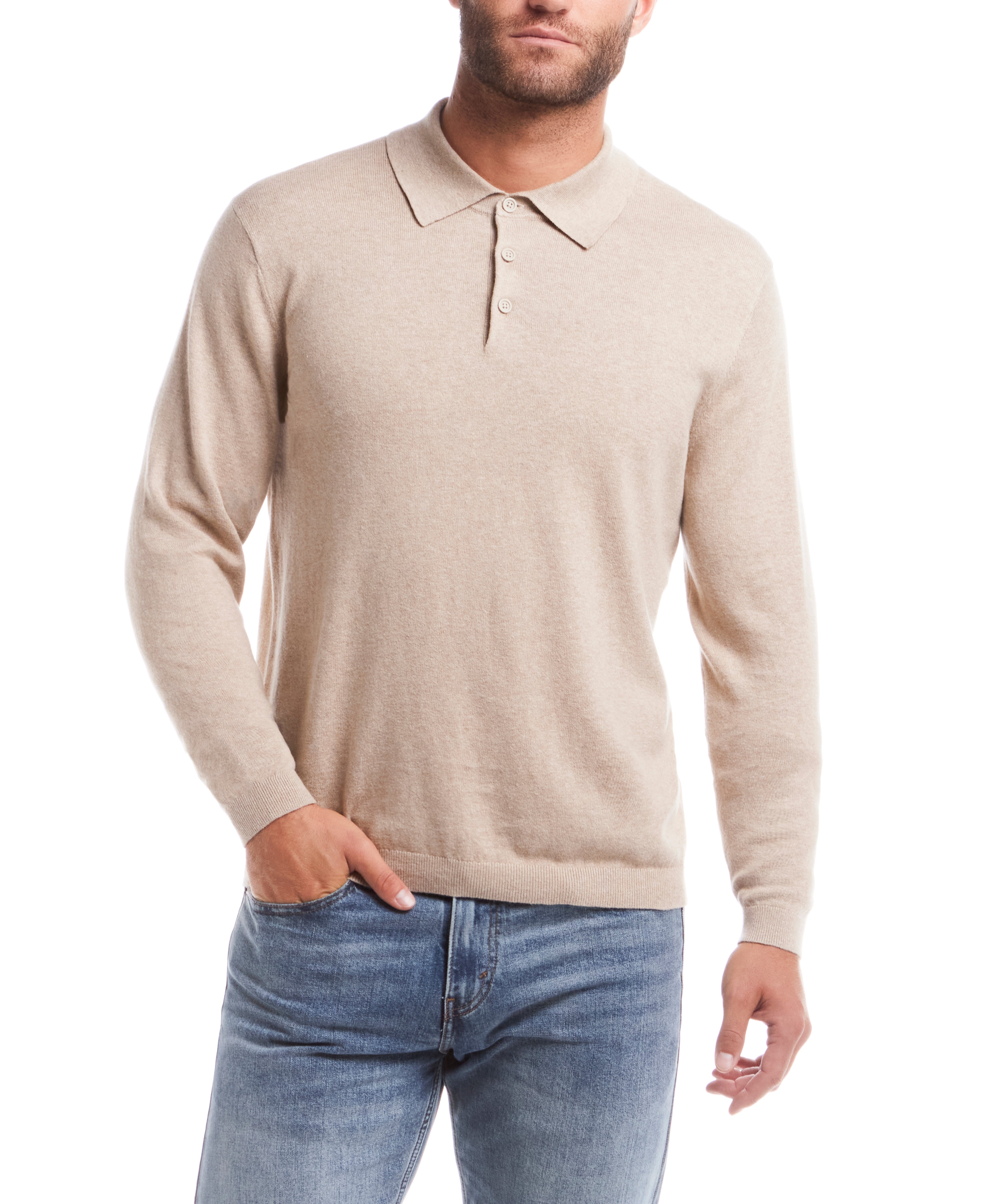Cotton-Cashmere Polo Sweater in Bone Heather