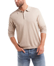 Cotton-Cashmere Polo Sweater in Bone Heather