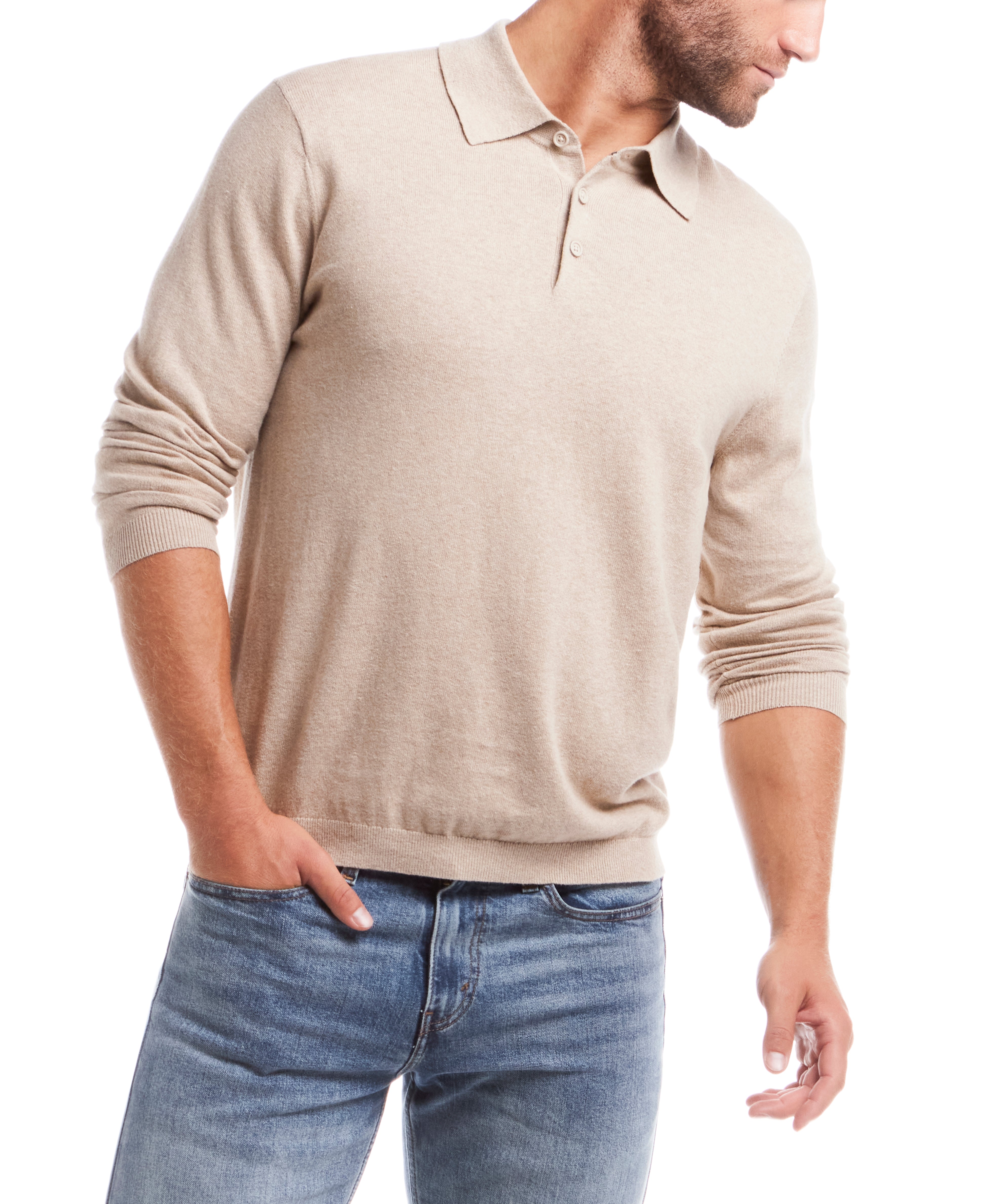 Cotton-Cashmere Polo Sweater in Bone Heather