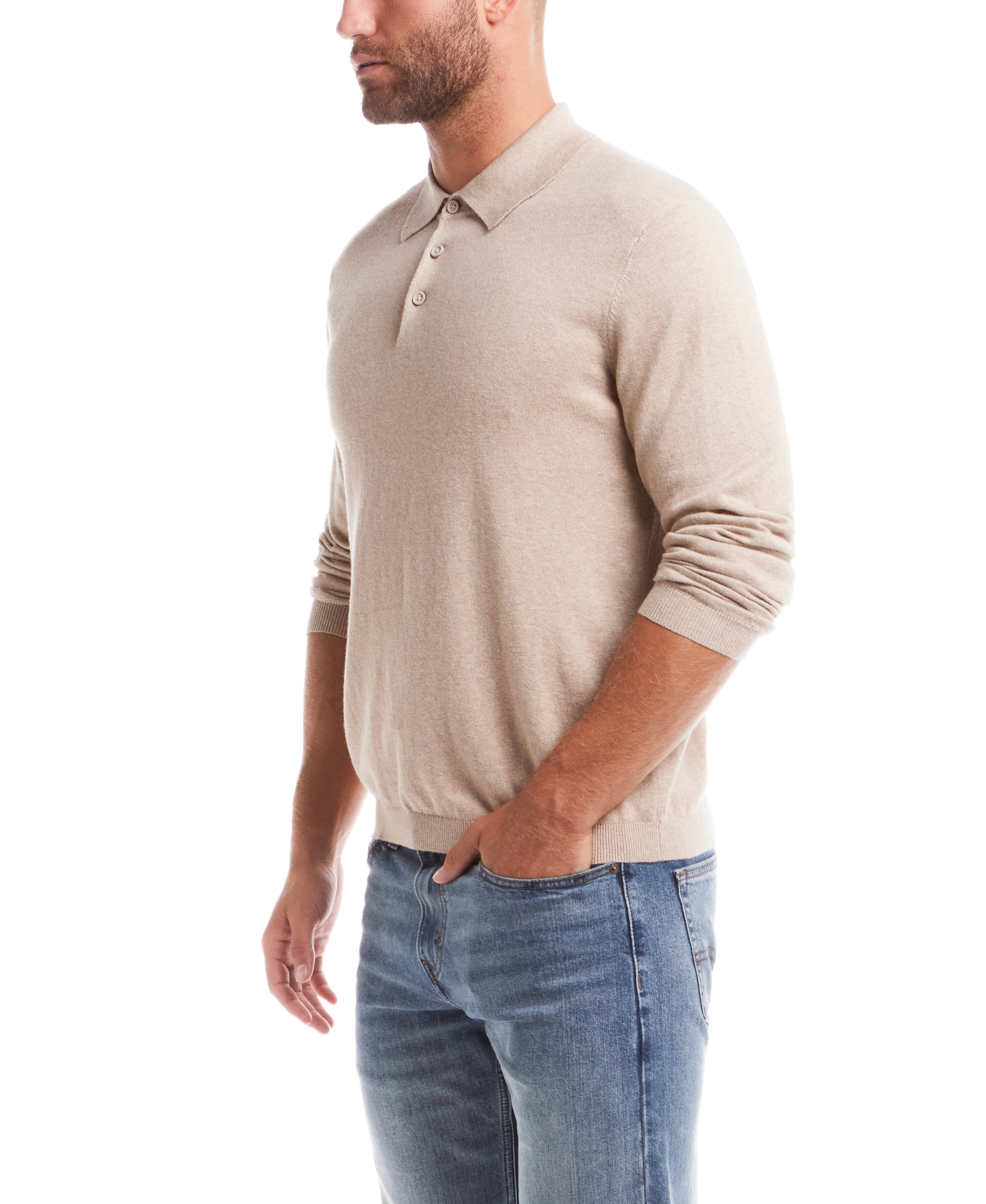Cotton-Cashmere Polo Sweater in Bone Heather