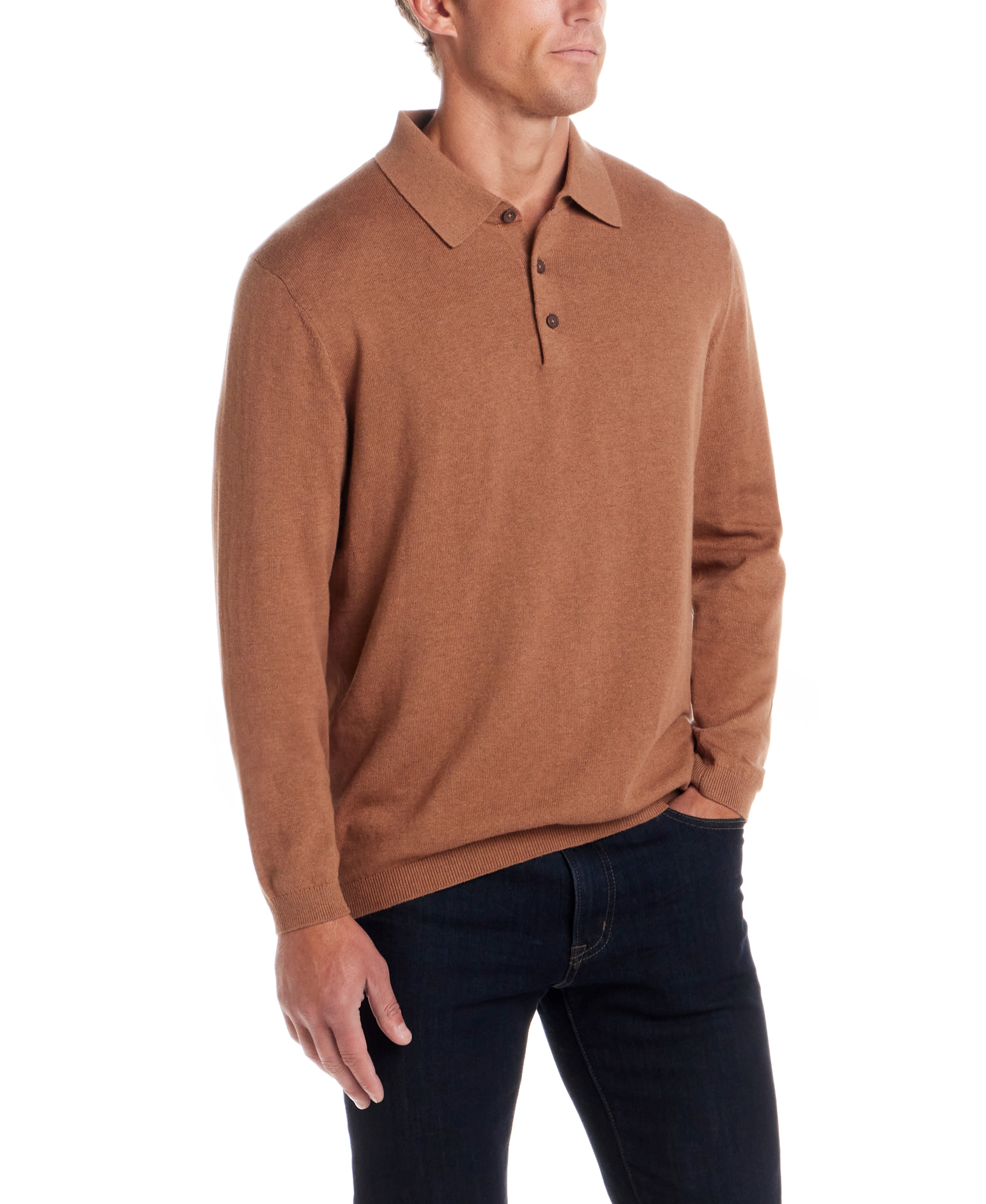 Cotton-Cashmere Polo Sweater in Camel