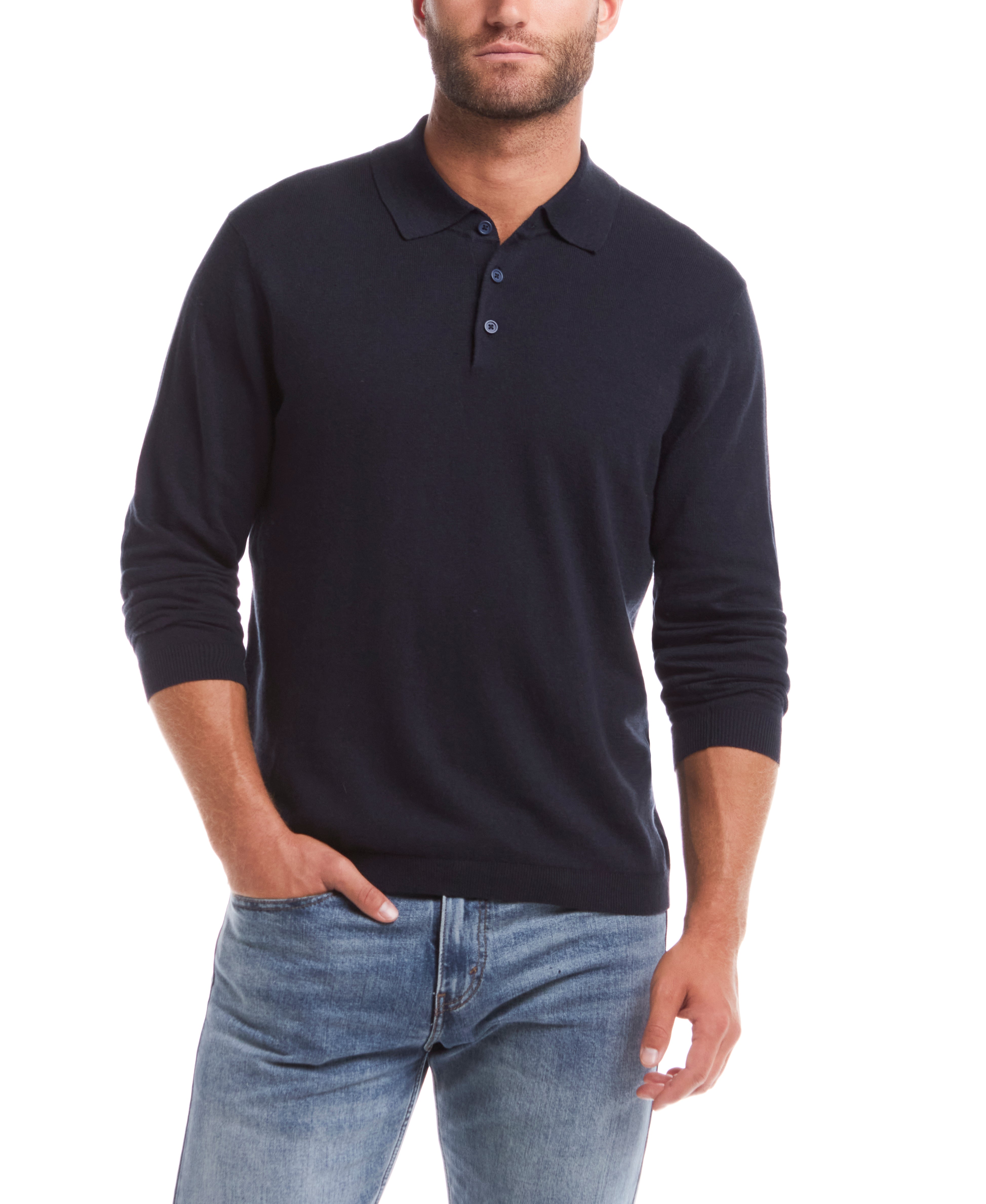 Cotton-Cashmere Polo Sweater in Navy