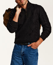 Mixed-Stitch Cable Quarter-Zip Sweater in Black