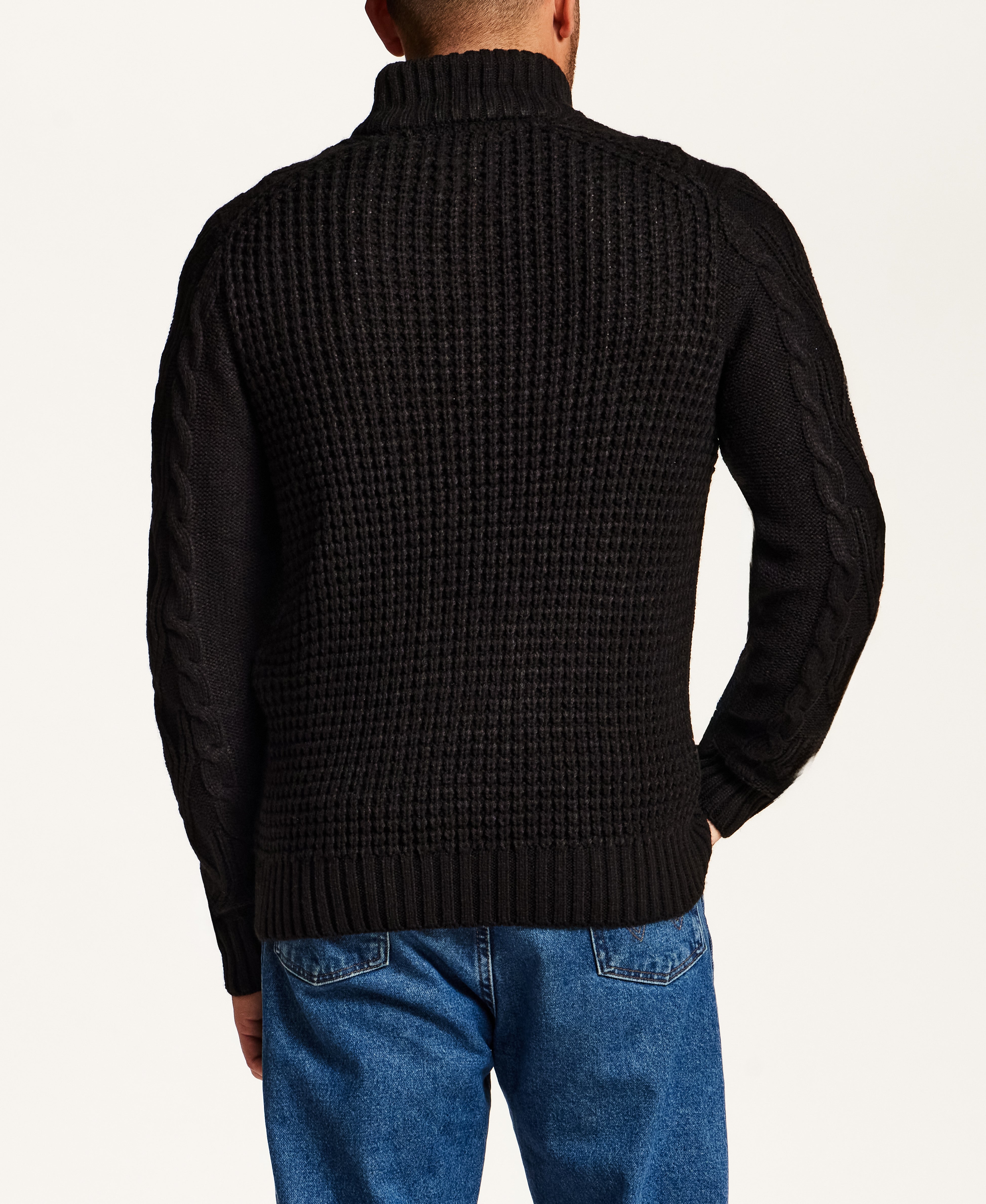 Mixed-Stitch Cable Quarter-Zip Sweater in Black