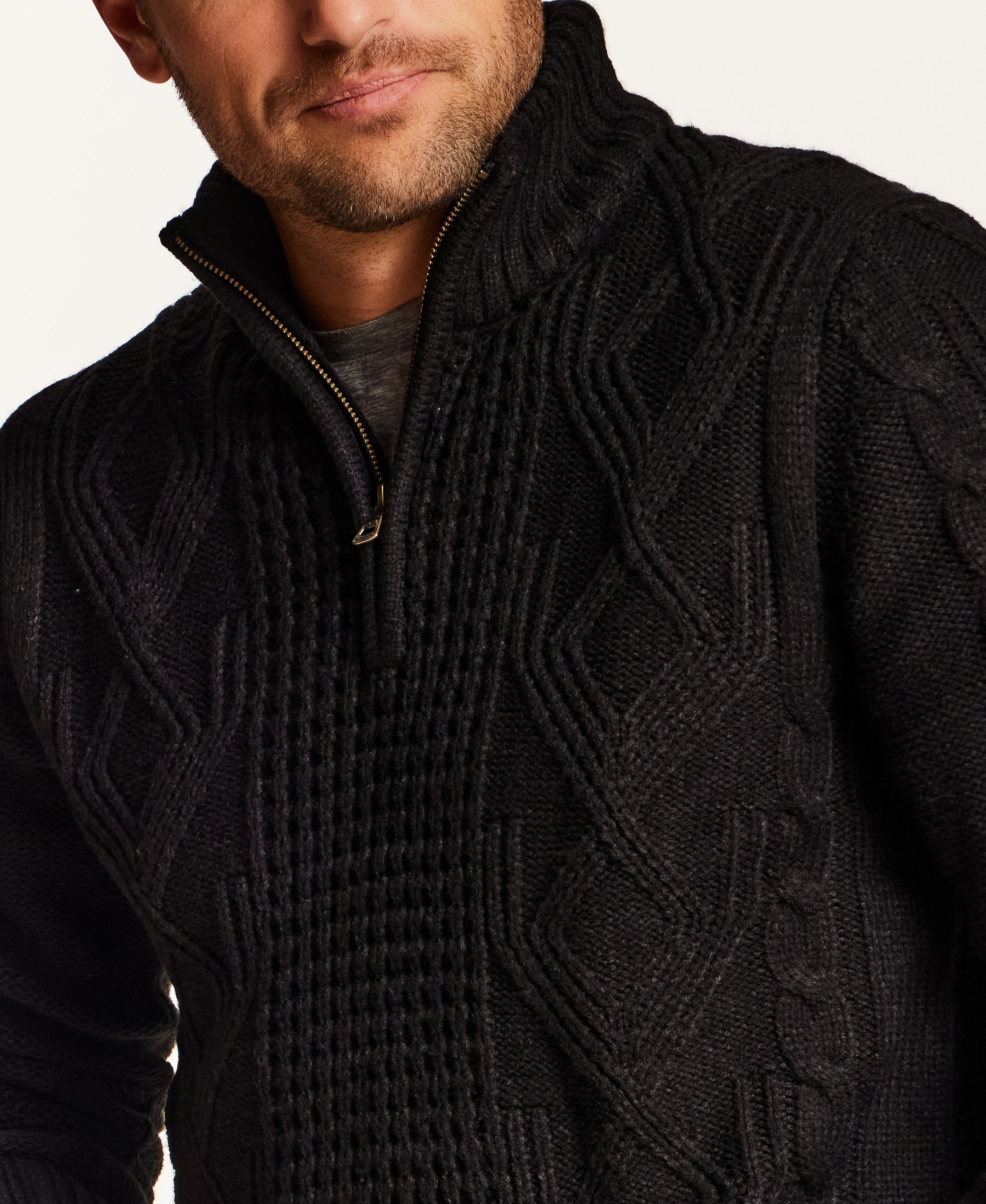Mixed-Stitch Cable Quarter-Zip Sweater in Black