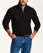 Mixed-Stitch Cable Quarter-Zip Sweater in Black