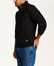 Mixed-Stitch Cable Quarter-Zip Sweater in Black