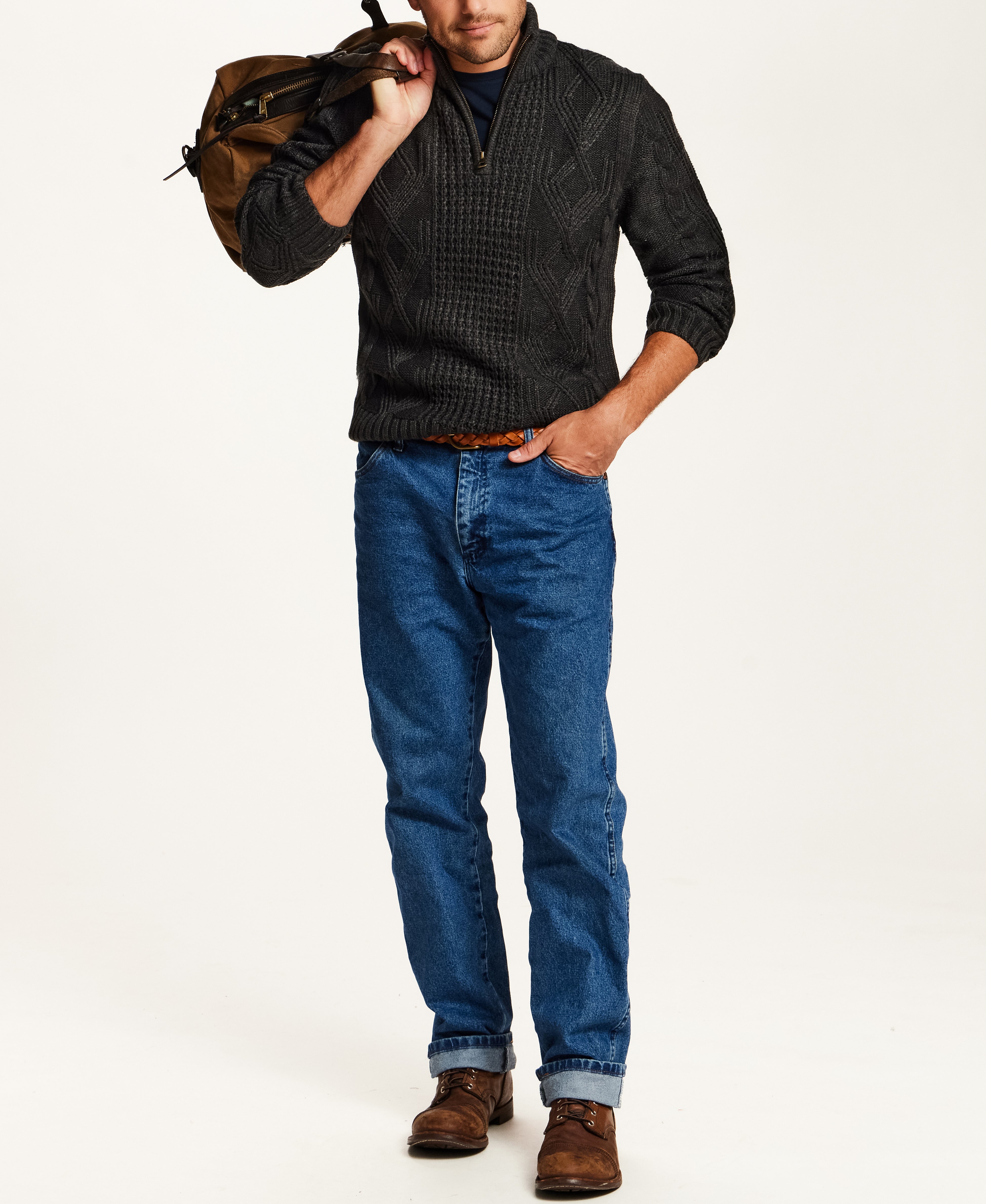 Mixed-Stitch Cable Quarter-Zip Sweater in Charcoal Heather