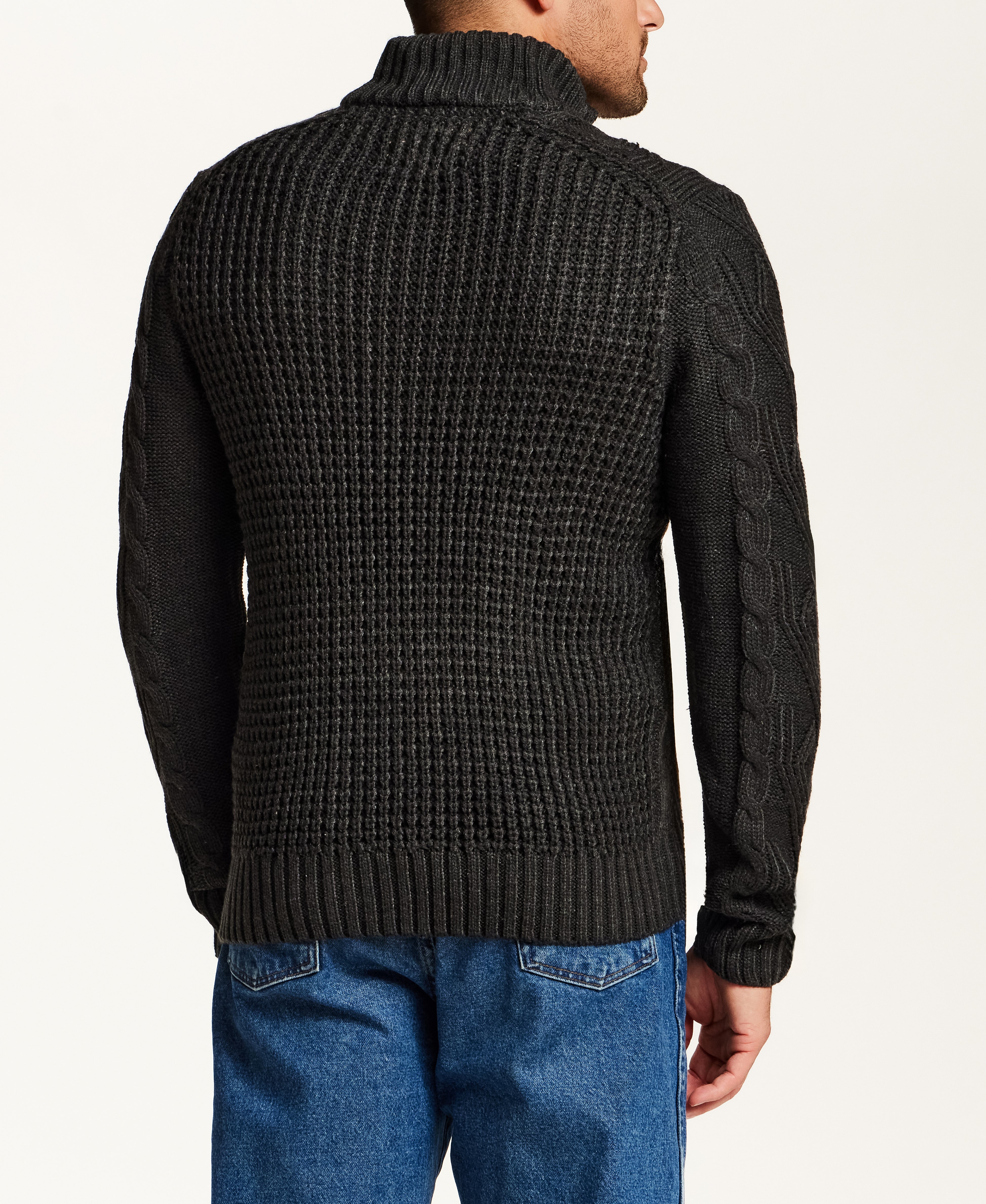 Mixed-Stitch Cable Quarter-Zip Sweater in Charcoal Heather